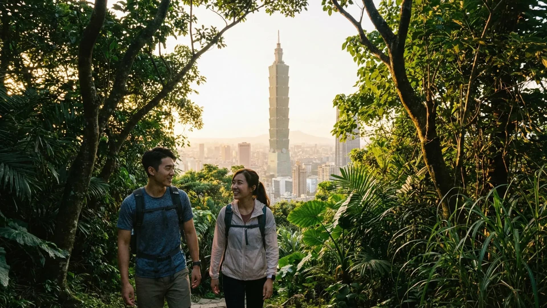 兩位年輕人走在台北步道上，遠方可見 101 大樓和城市天際線