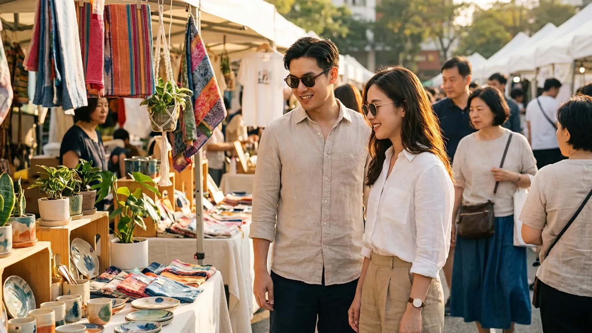 時尚年輕情侶在台灣戶外假日市集悠閒逛街，展現實體約會新趨勢