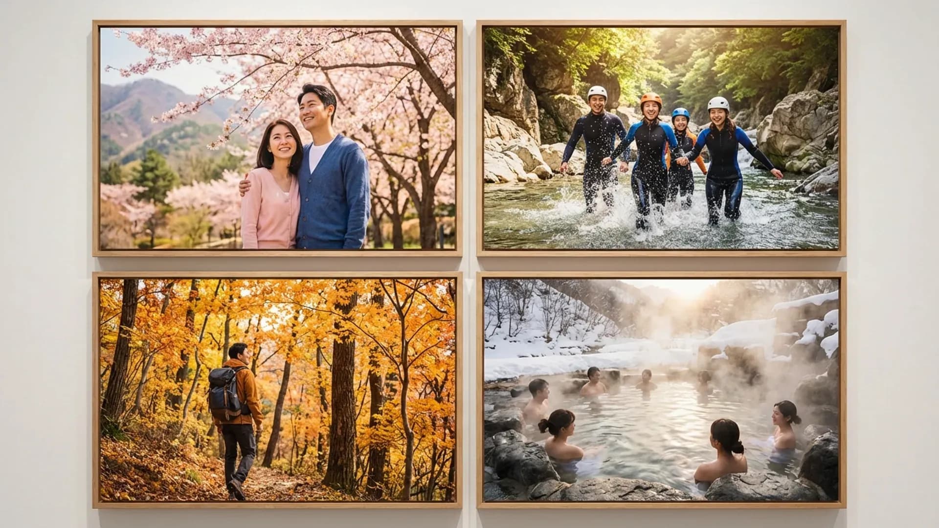 台灣四季戶外活動拼圖：春賞花、夏溯溪、秋登山、冬泡湯