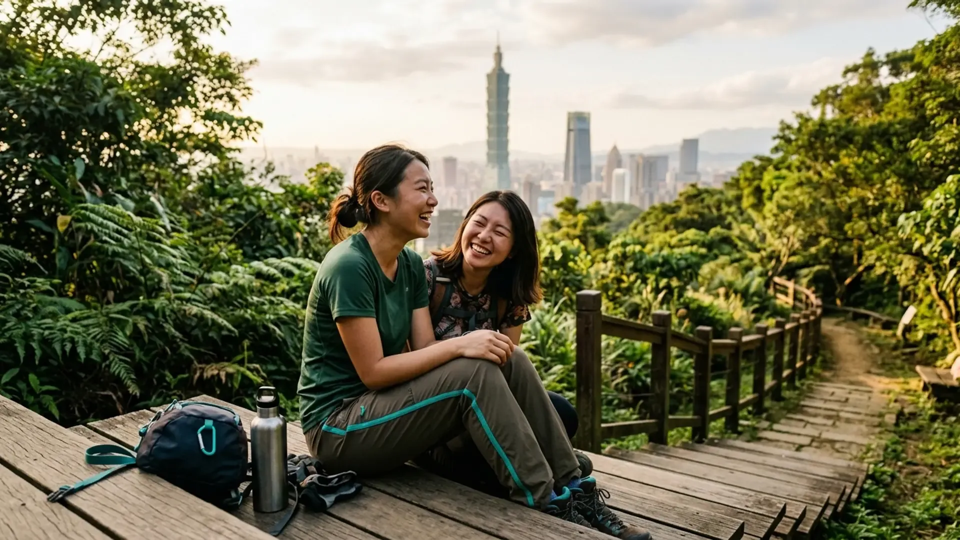 兩位年輕女生爬完象山後在步道上開心大笑，背景是台北 101 天際線，旁邊放著登山背包與水壺