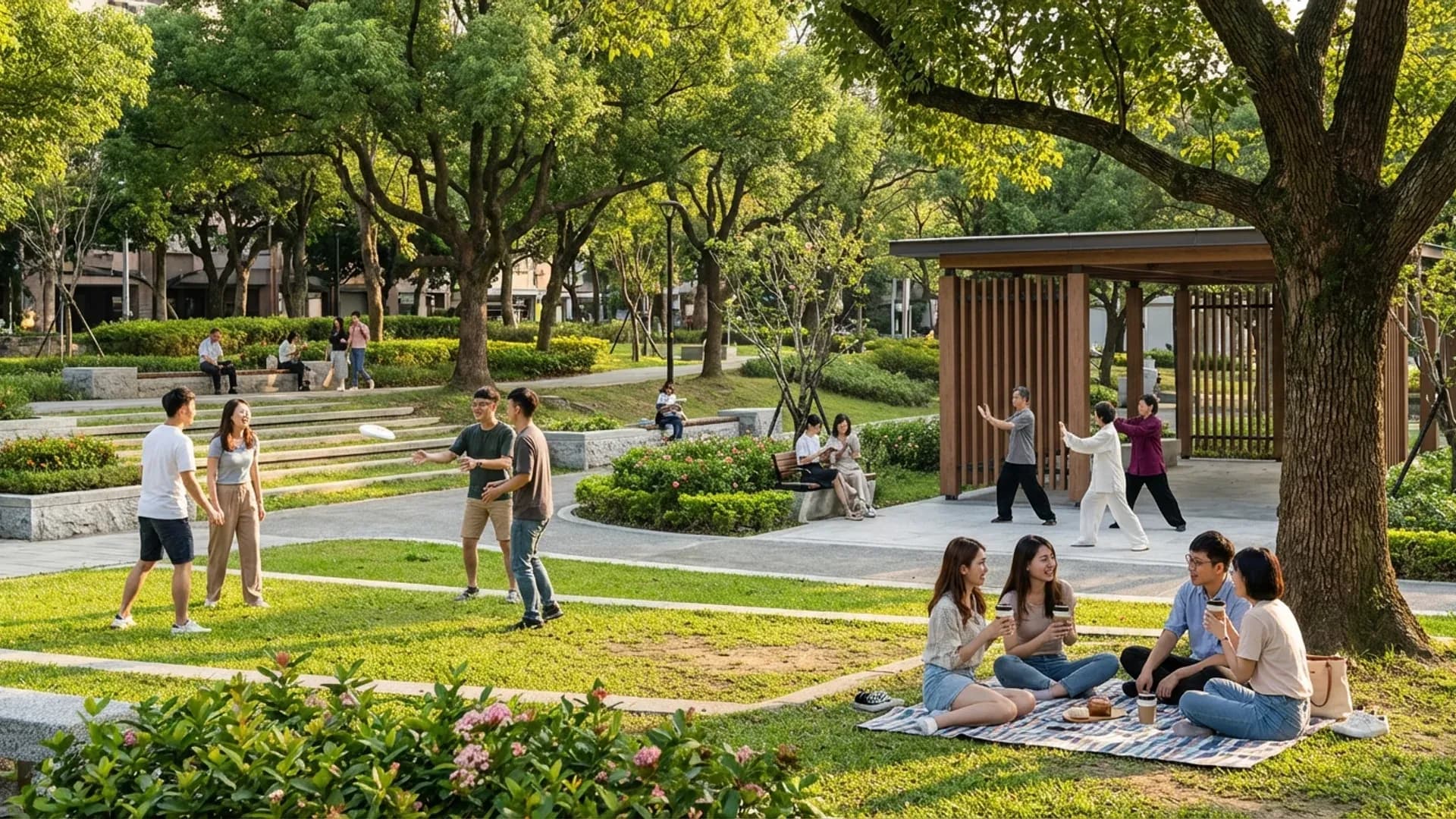 Urban park as modern third place with groups socializing through outdoor activities