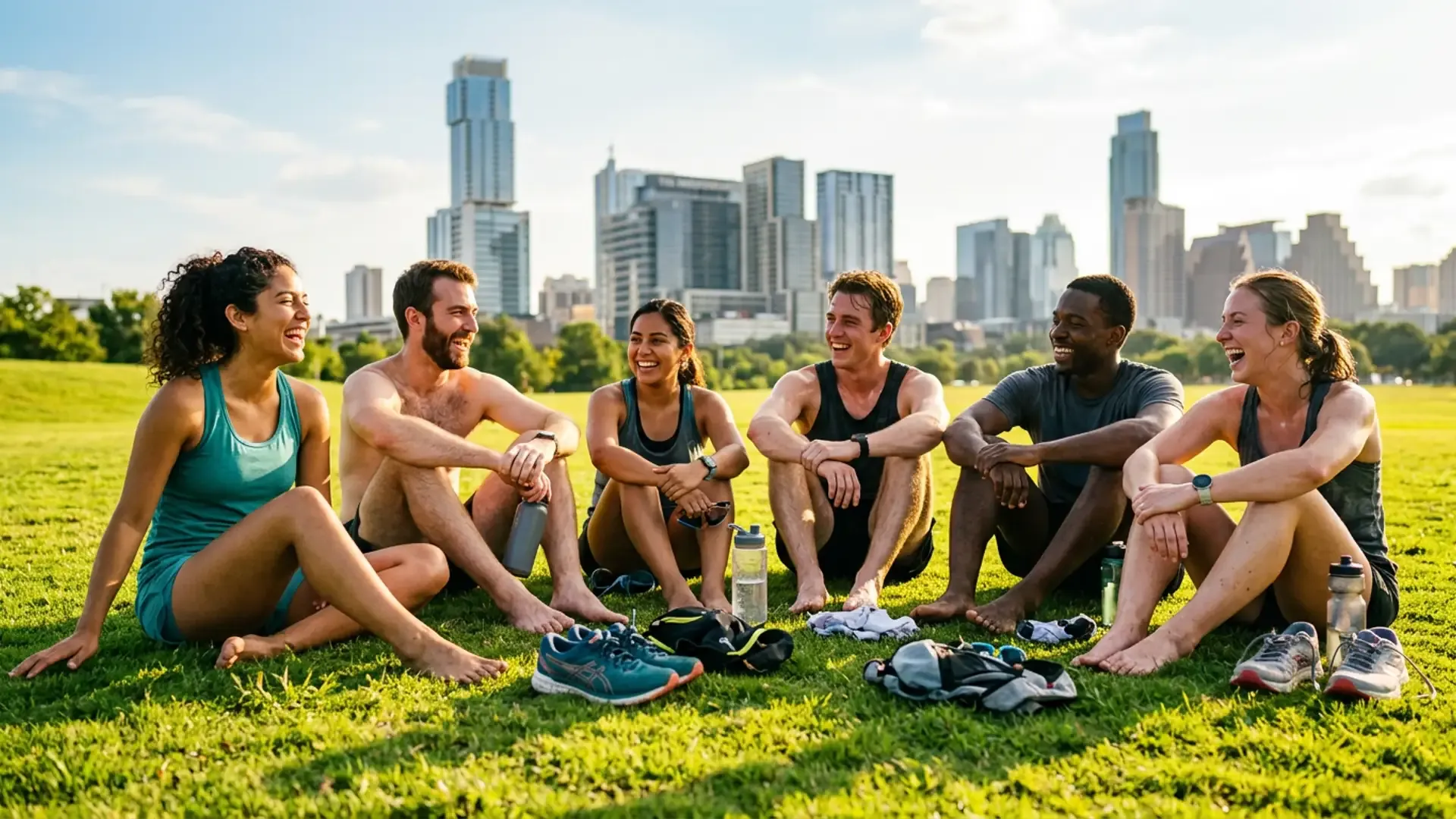 Diverse group sitting barefoot in grass at Austin park