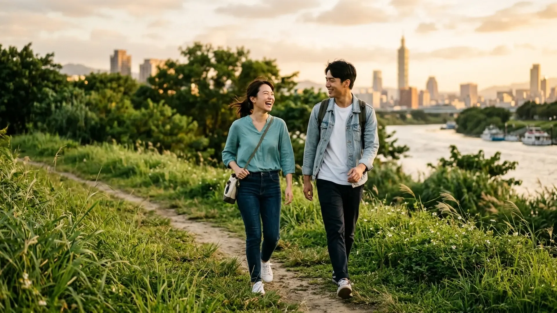 一對年輕男女在傍晚金黃色夕陽下，並肩走在台北河濱的草地步道上聊天說笑，遠處是台北101天際線——低壓力的摸草散步約會