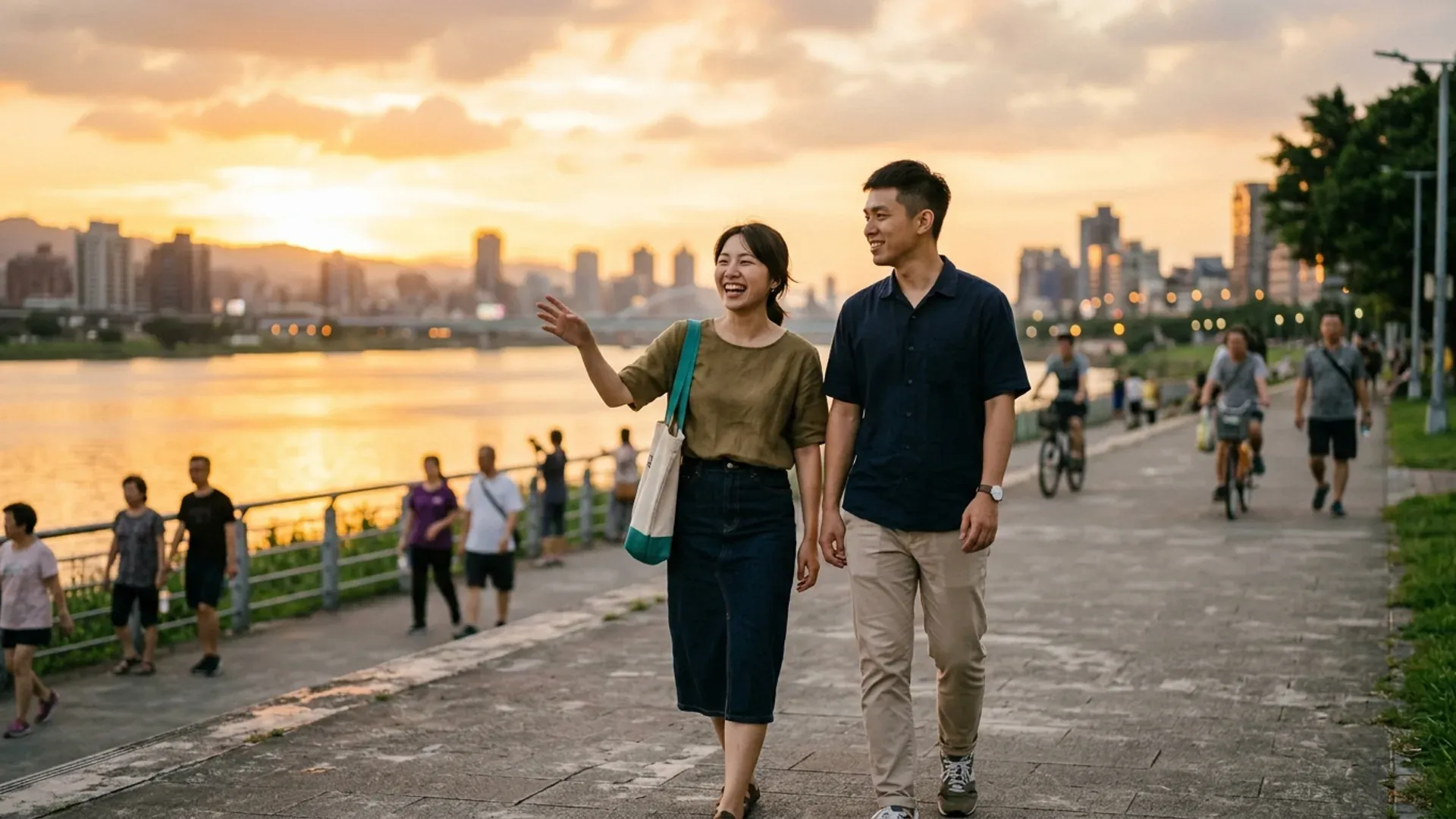 一對年輕情侶在台北大稻埕河濱步道夕陽下並肩散步，自然聊天，背景是城市天際線