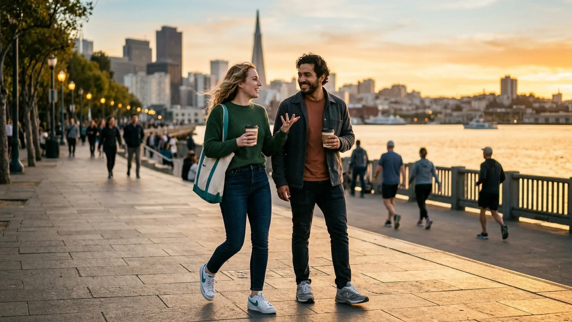 A young couple walking side by side along a San Francisco waterfront promenade at golden hour, sharing coffee and a casual conversation