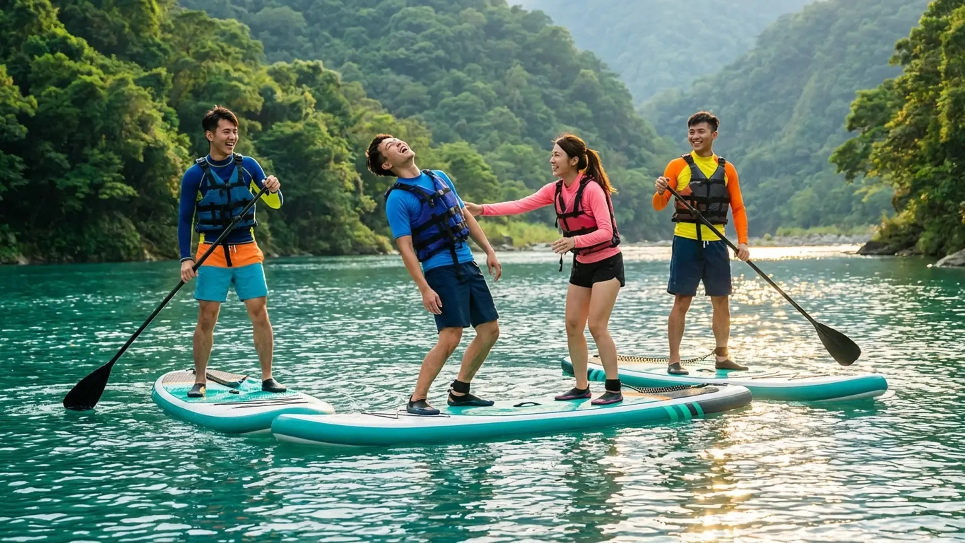 四位年輕人在碧綠水面上划 SUP 立槳，一人搖晃時旁人伸手幫忙，背景是台灣翠綠山景，展現水上活動交友的歡樂互動