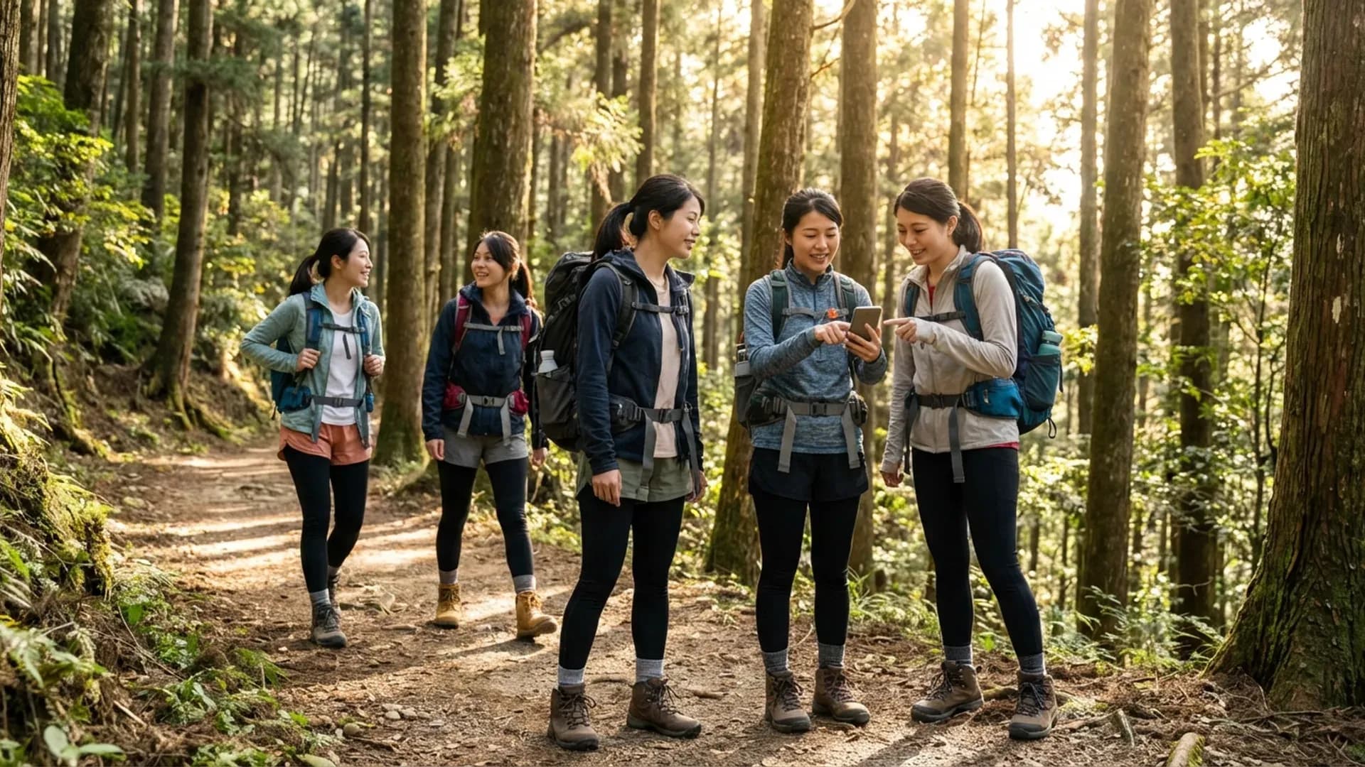 四位女性一起在森林步道健行，穿著專業裝備互相照應