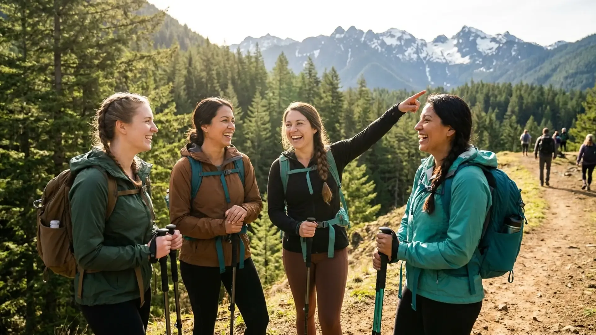 Four women friends laughing on a sunlit Pacific Northwest hiking trail — meeting through outdoor group activities rather than dating-app evenings indoors