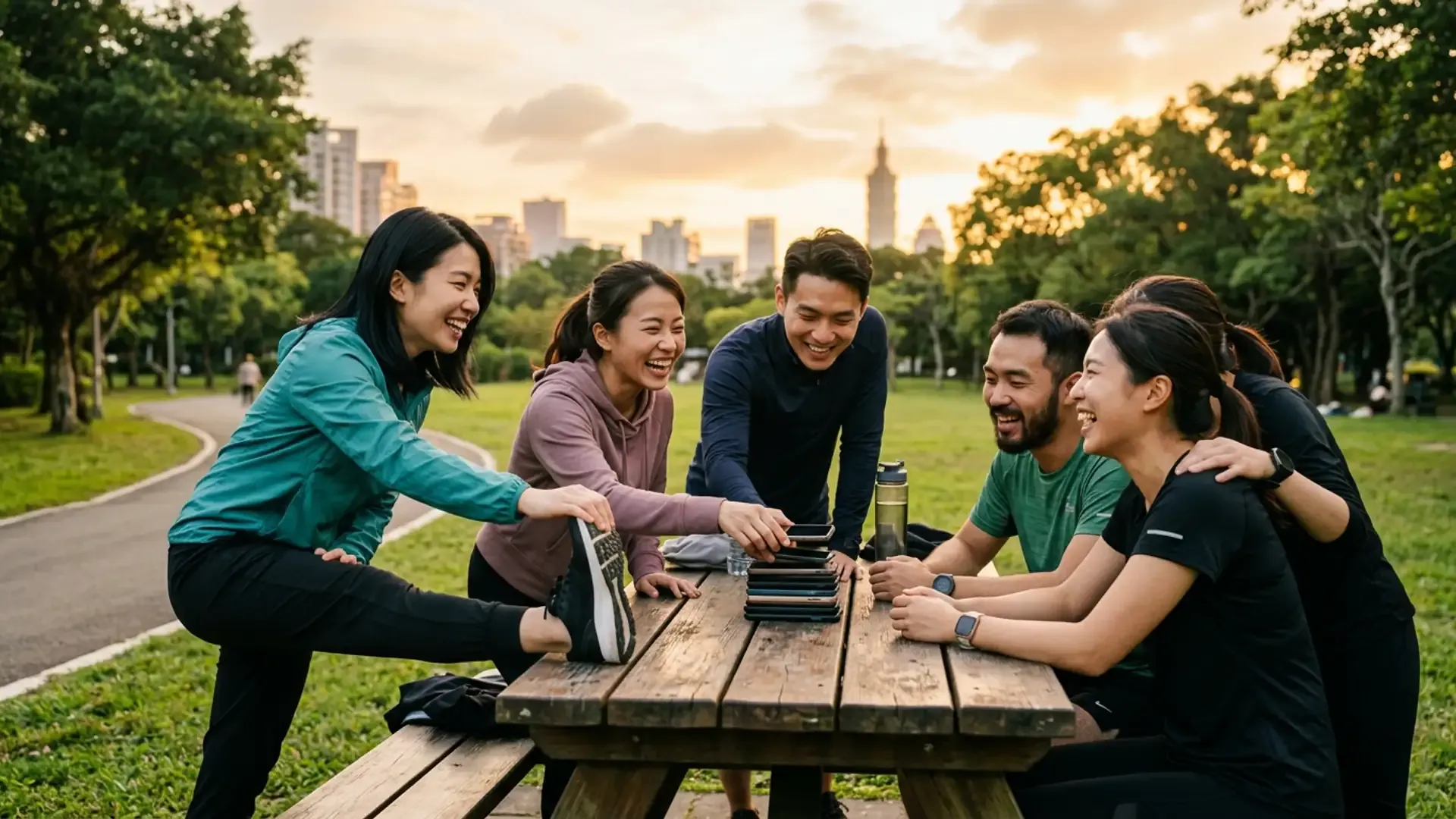 五位年輕朋友在台北公園夕陽下將手機放在桌上,選擇面對面互動取代滑手機