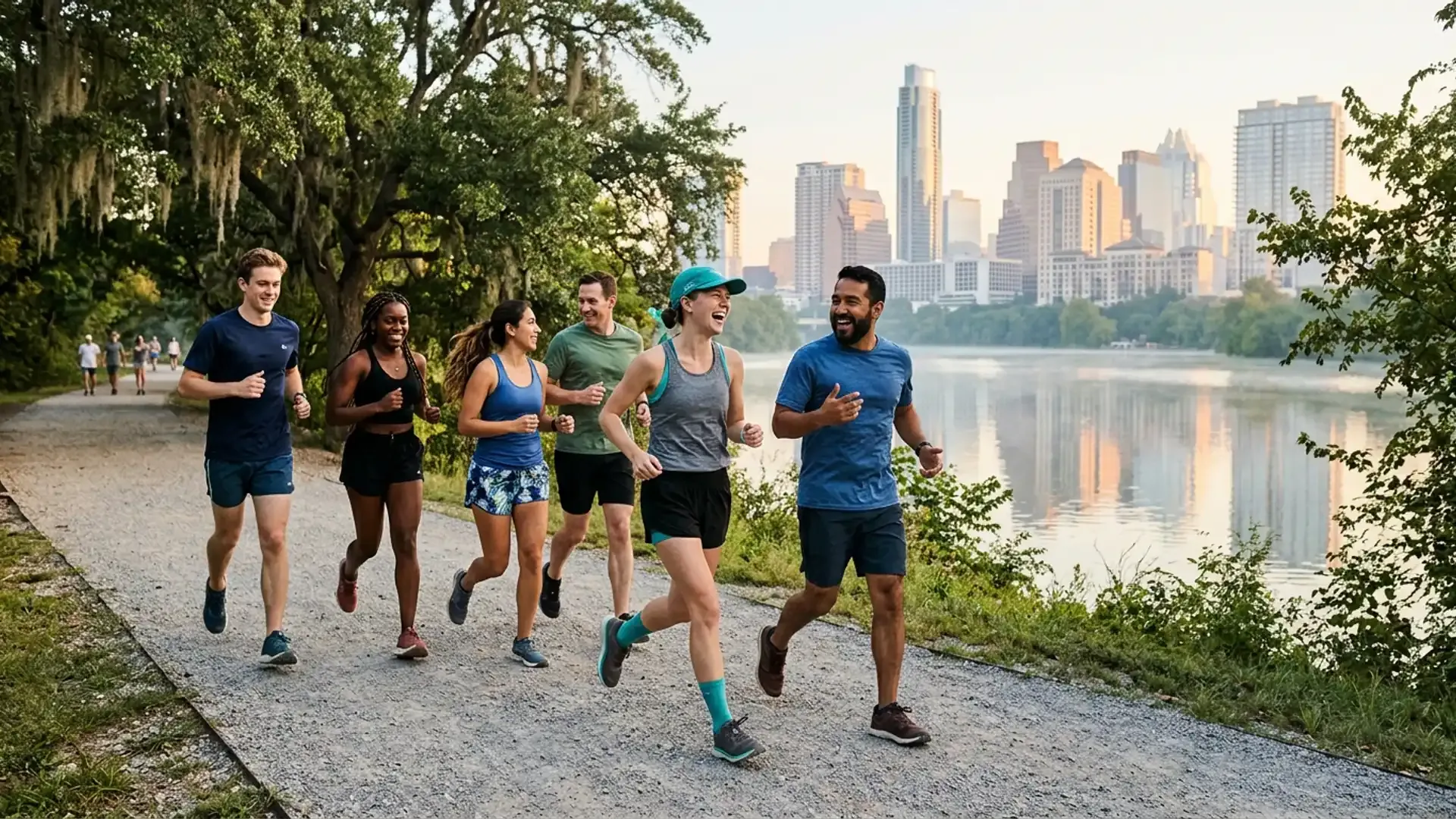 A group of six friends jogging and laughing on the Butler Trail along Lady Bird Lake at sunrise, with the downtown Austin skyline across the water
