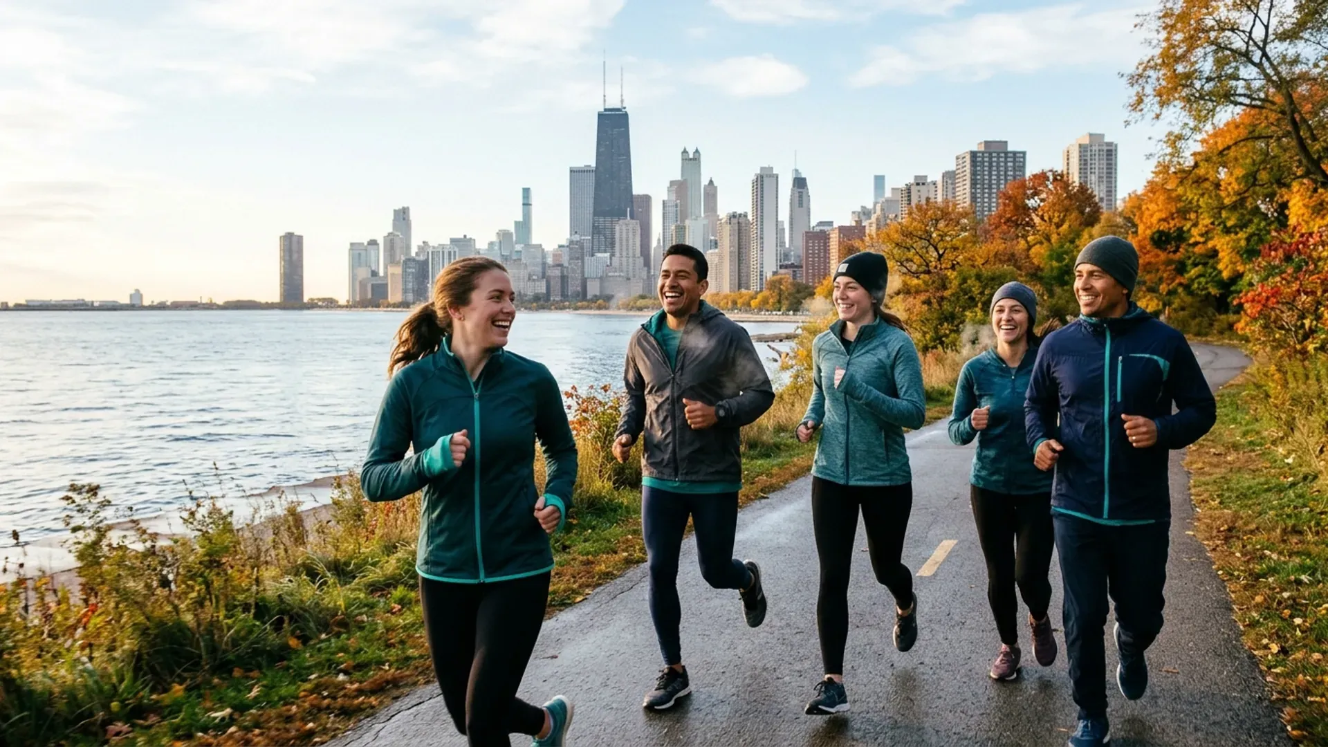 Friends running together on the Chicago Lakefront Trail on an autumn morning with Lake Michigan and the downtown skyline behind them