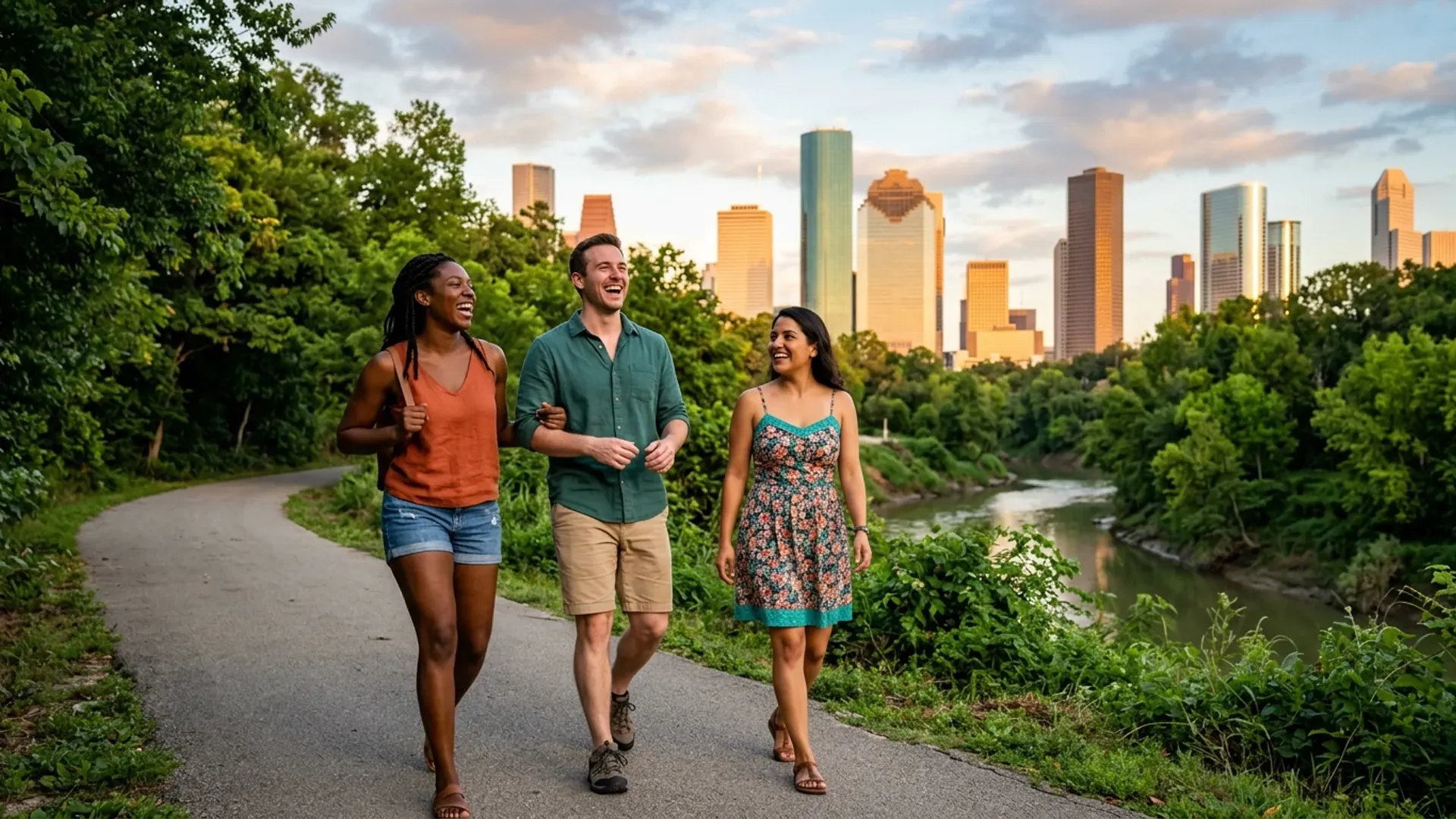Three friends laughing on a trail in Buffalo Bayou Park in Houston at sunset with the downtown skyline in the background