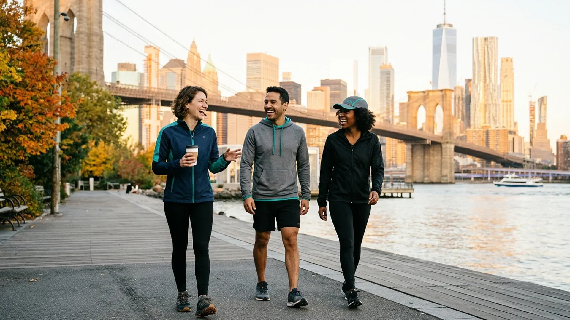 Three friends laughing on the Brooklyn Bridge Park waterfront after a morning run, with the Brooklyn Bridge and Manhattan skyline behind them in New York City