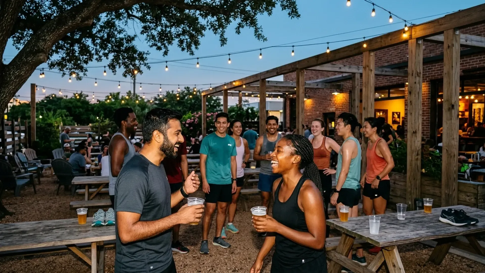 A diverse group of runners laughing together on a Houston brewery patio at dusk after an evening group run