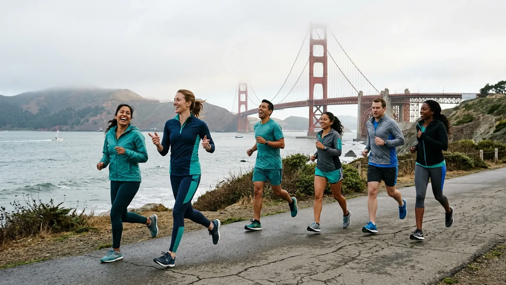 A group of runners laughing on the Crissy Field promenade in San Francisco with the Golden Gate Bridge rising out of the morning fog