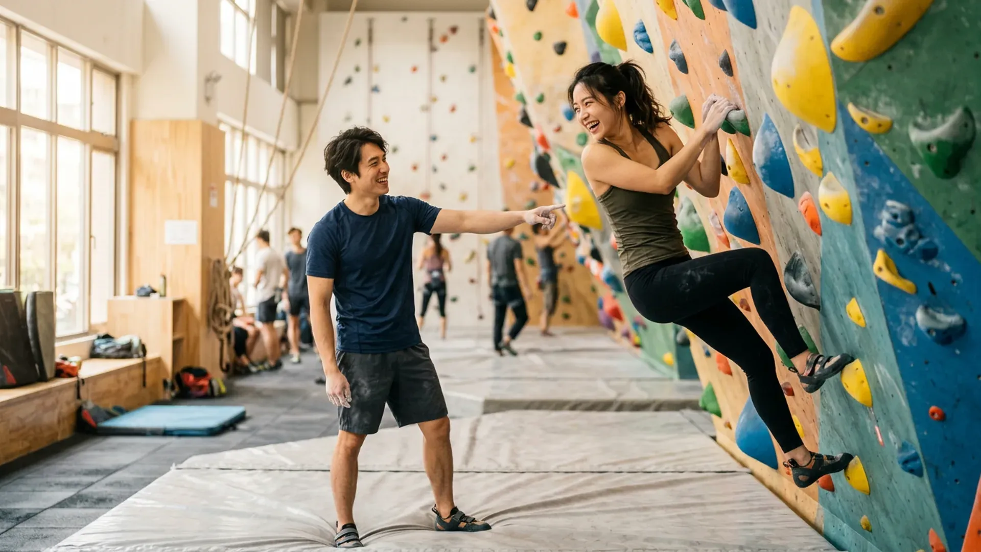 一對年輕男女在攀岩館裡,女生在攀岩牆上笑著回頭看男生,男生在下方指著岩點鼓勵她