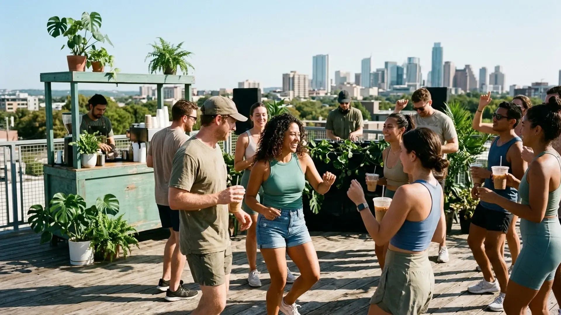 People dancing with iced coffees at a daytime coffee rave on a sunny rooftop in Austin, with a DJ and an espresso cart