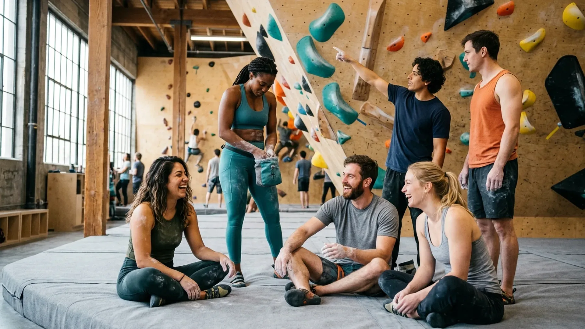 Six climbers in their late twenties and thirties sitting and standing on the mats at an indoor bouldering gym, laughing mid-conversation during a break between climbs