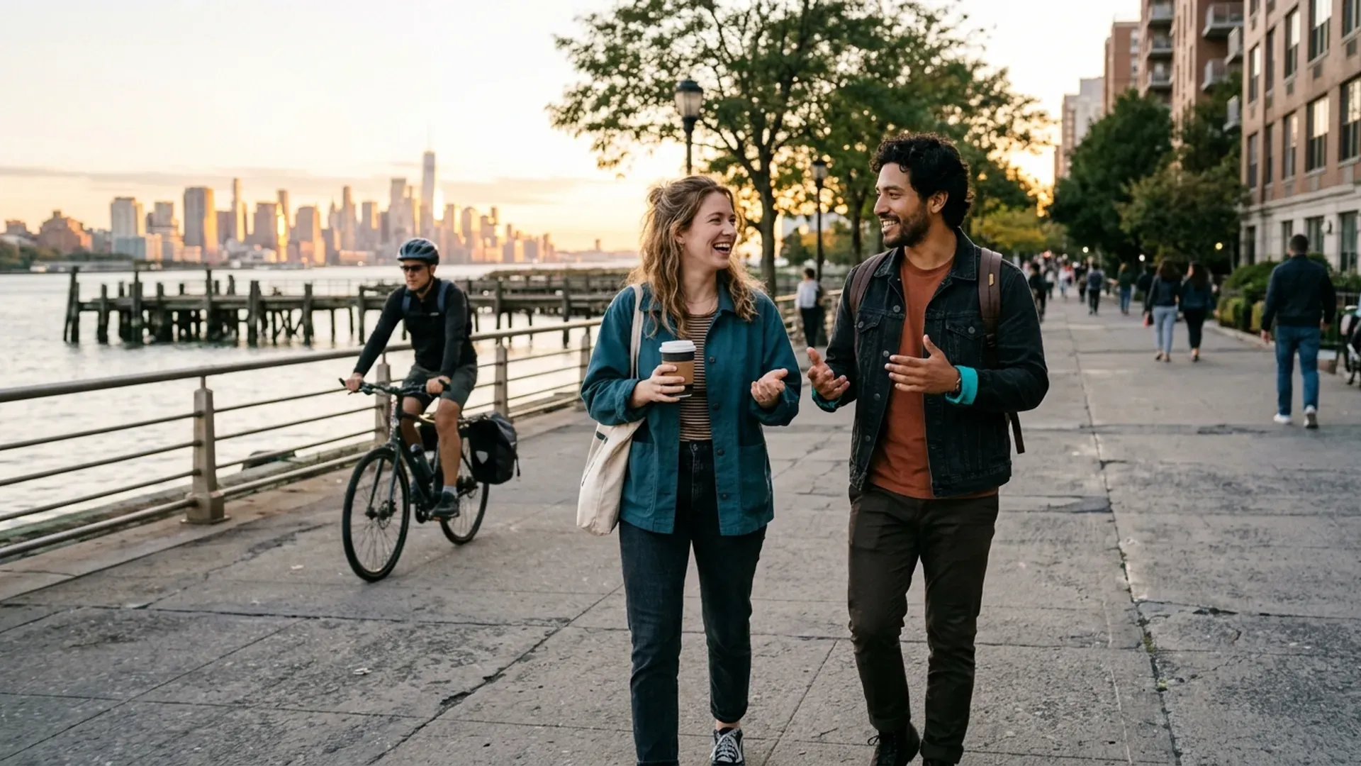 A young couple walking and talking with coffee on the Hudson River Greenway in Manhattan at golden hour as a cyclist passes