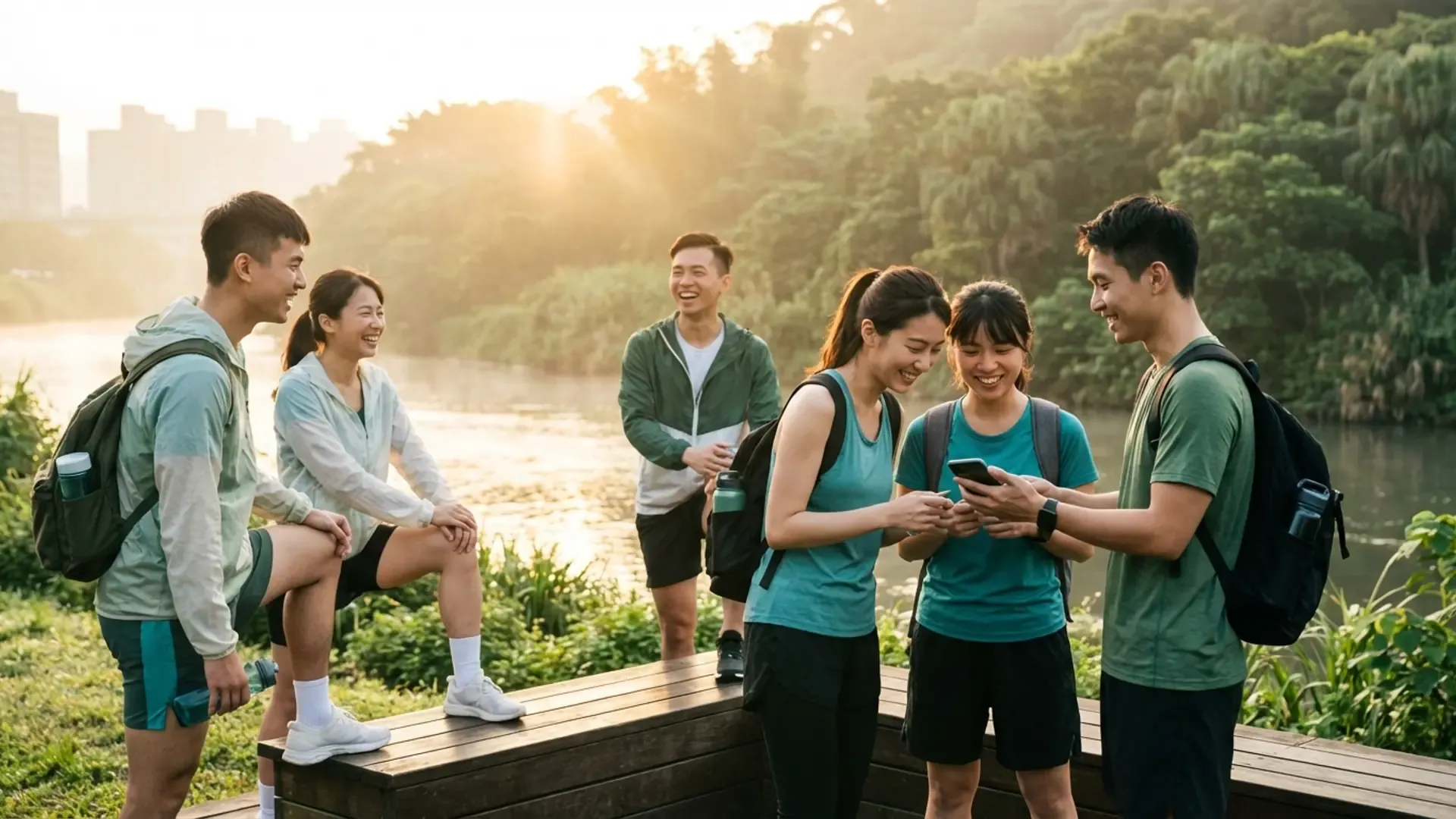 一群年輕人在台北河濱公園晨跑後自然交談,展現活動型社交的溫馨氛圍