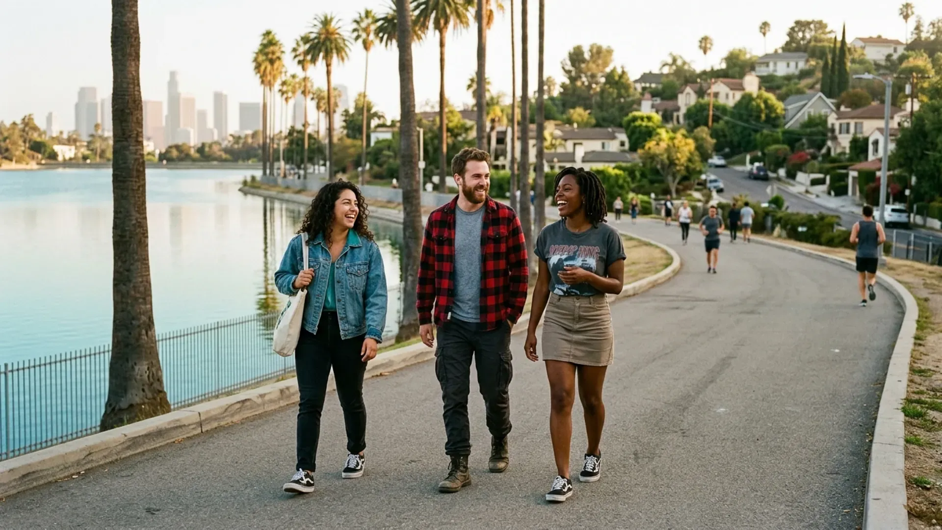 Three friends walking along the Silver Lake Reservoir path in Los Angeles at late afternoon, with the DTLA skyline visible in the background and palm trees reflecting in the reservoir water