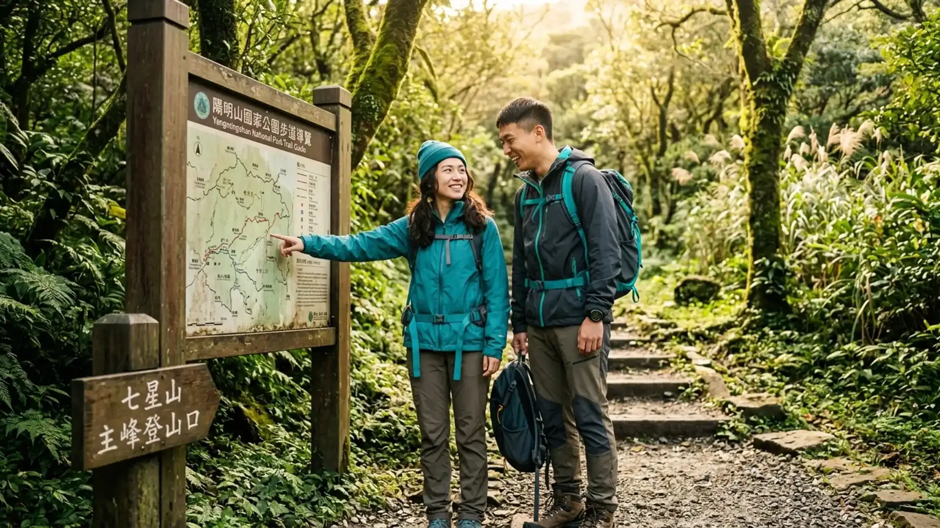 兩位年輕人在陽明山七星山登山口一起看地圖,準備出發健行