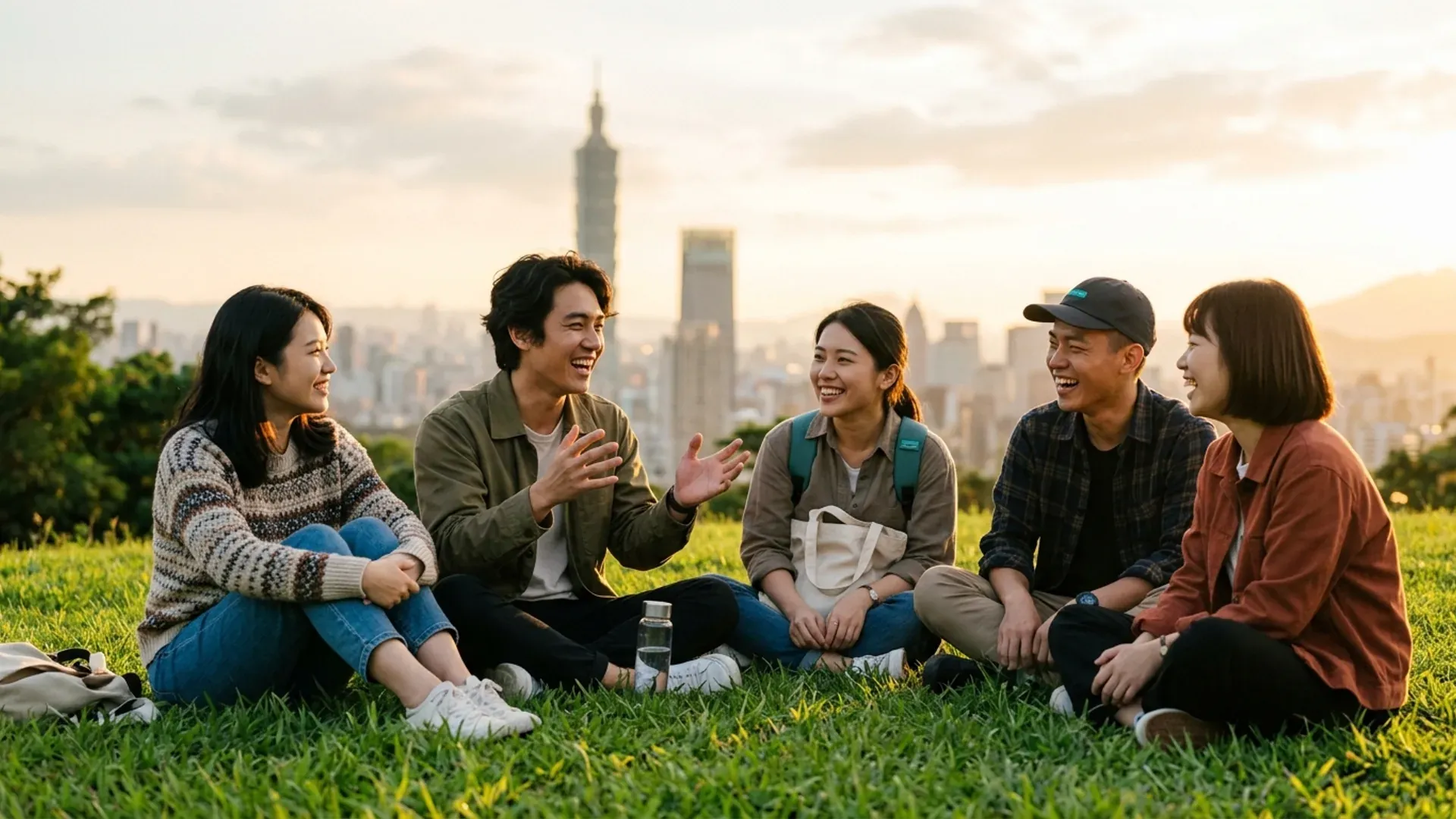 五位年輕朋友在台北草地上自然聊天歡笑,背景是夕陽下的台北天際線