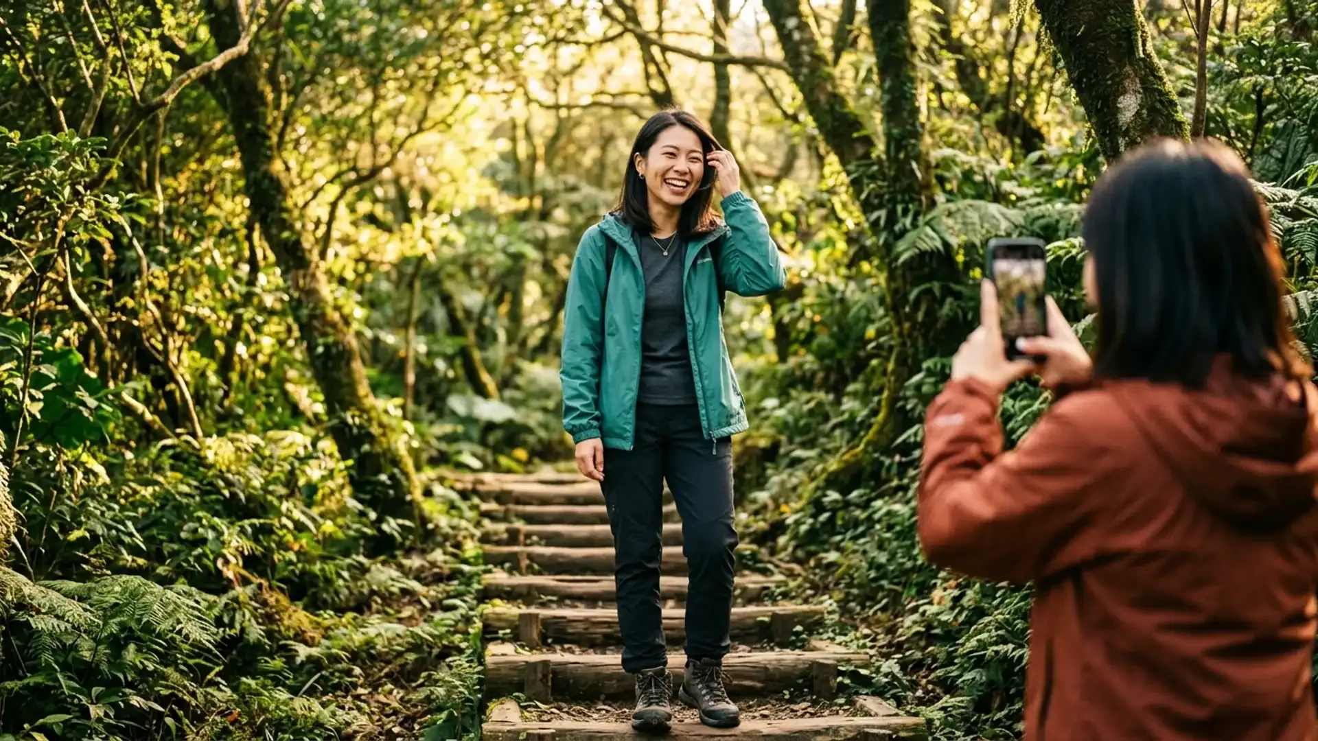 年輕女性在陽明山步道上被朋友用手機拍照,穿著綠色防風外套自然笑著,周圍是亞熱帶蕨類森林和金色午後陽光