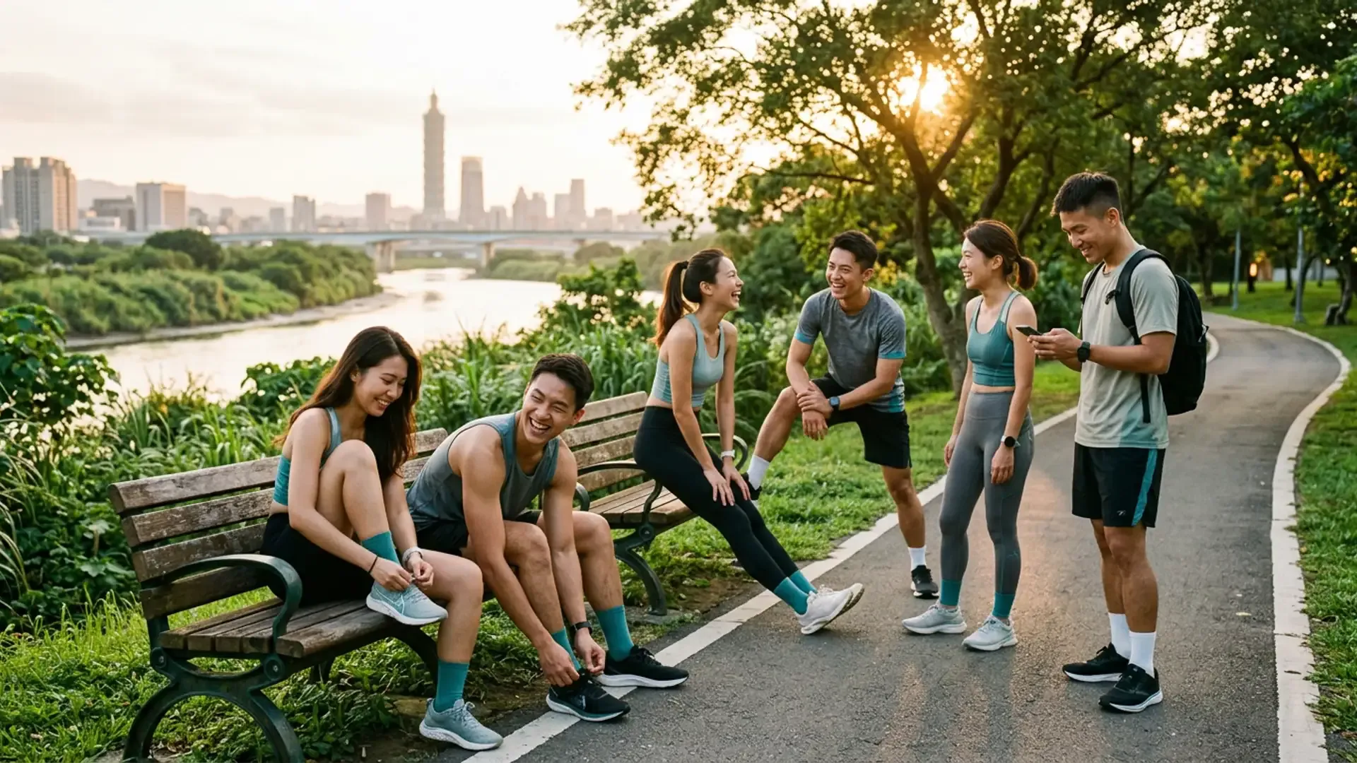 六位年輕朋友在台北河濱公園準備團跑,夕陽金色光線,遠方可見台北 101
