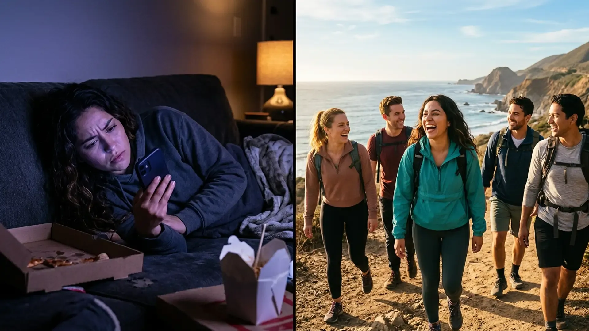 Split screen: woman frustrated swiping on couch vs same woman laughing with friends hiking California coast