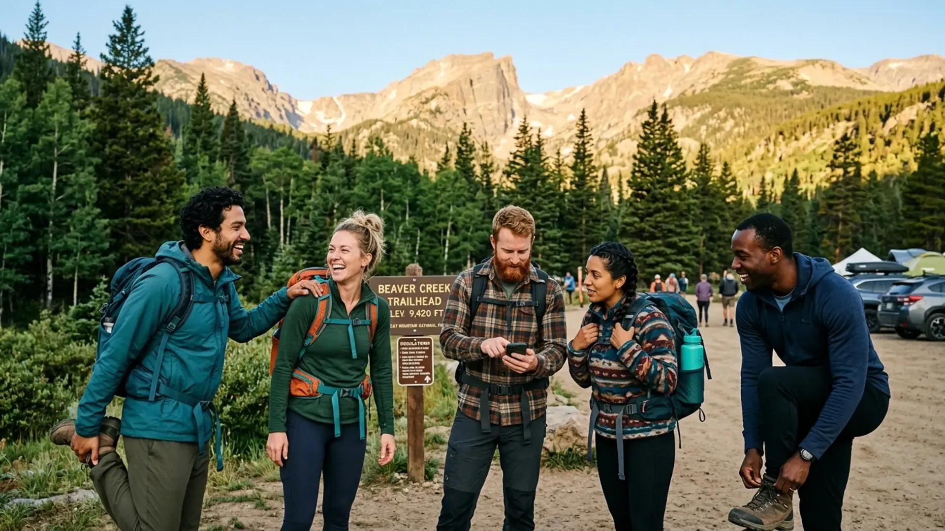 Diverse group of friends laughing together at a Colorado trailhead preparing for a group hike