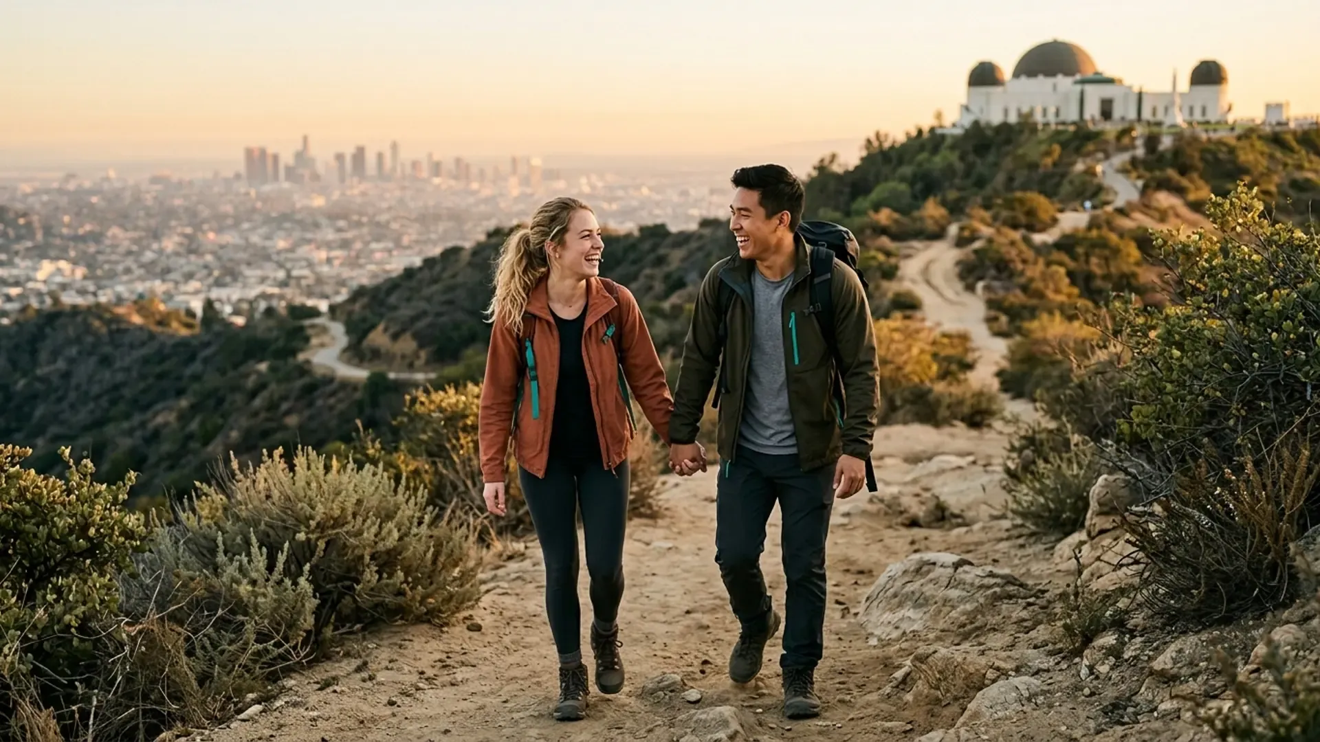 A couple walking along the path leading to Griffith Observatory at golden hour with the Los Angeles skyline stretching out below, capturing the cinematic feel of an LA outdoor date