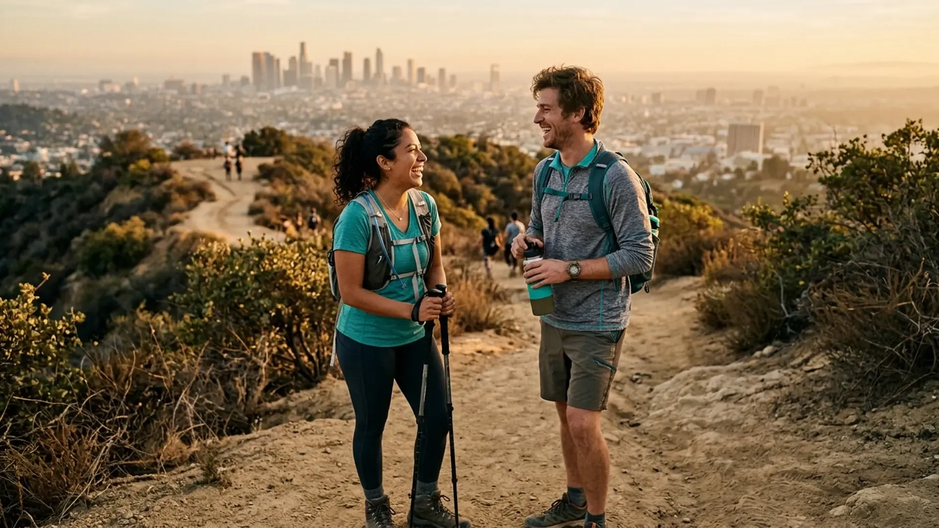 Two friends pausing on Runyon Canyon trail at golden hour with the Los Angeles skyline visible in the distance, sharing a genuine laugh outdoors
