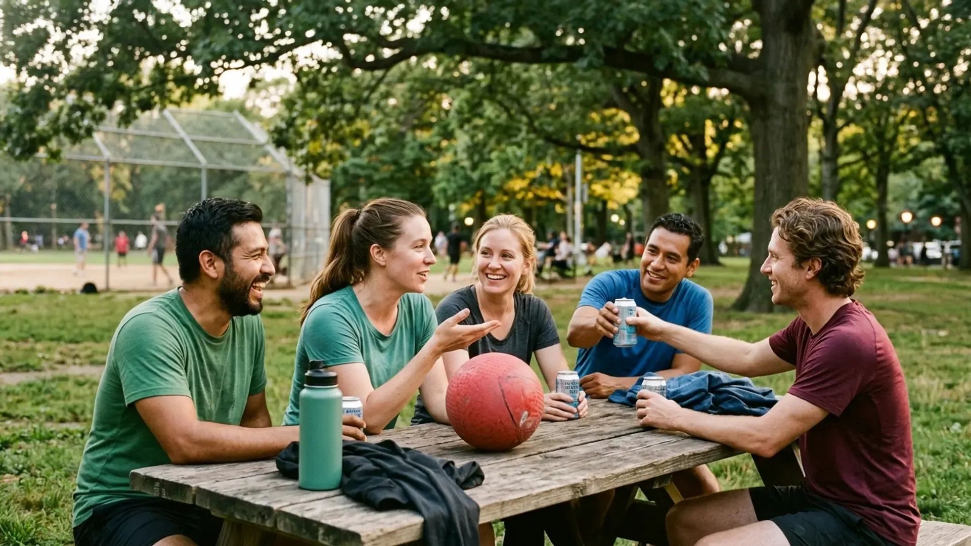 Friends laughing around a park picnic table after a weekly rec-league kickball game, a common way to make friends as an adult