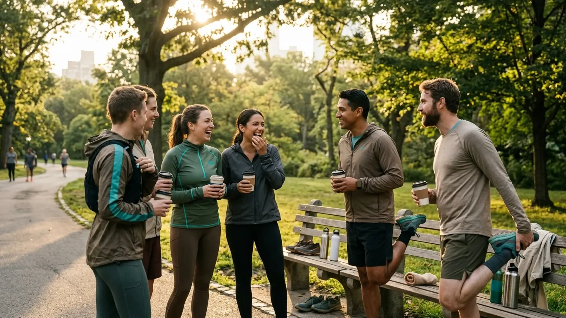 Six runners in their late twenties and thirties standing together with coffee in a city park after a morning group run, talking and laughing, no phones in sight