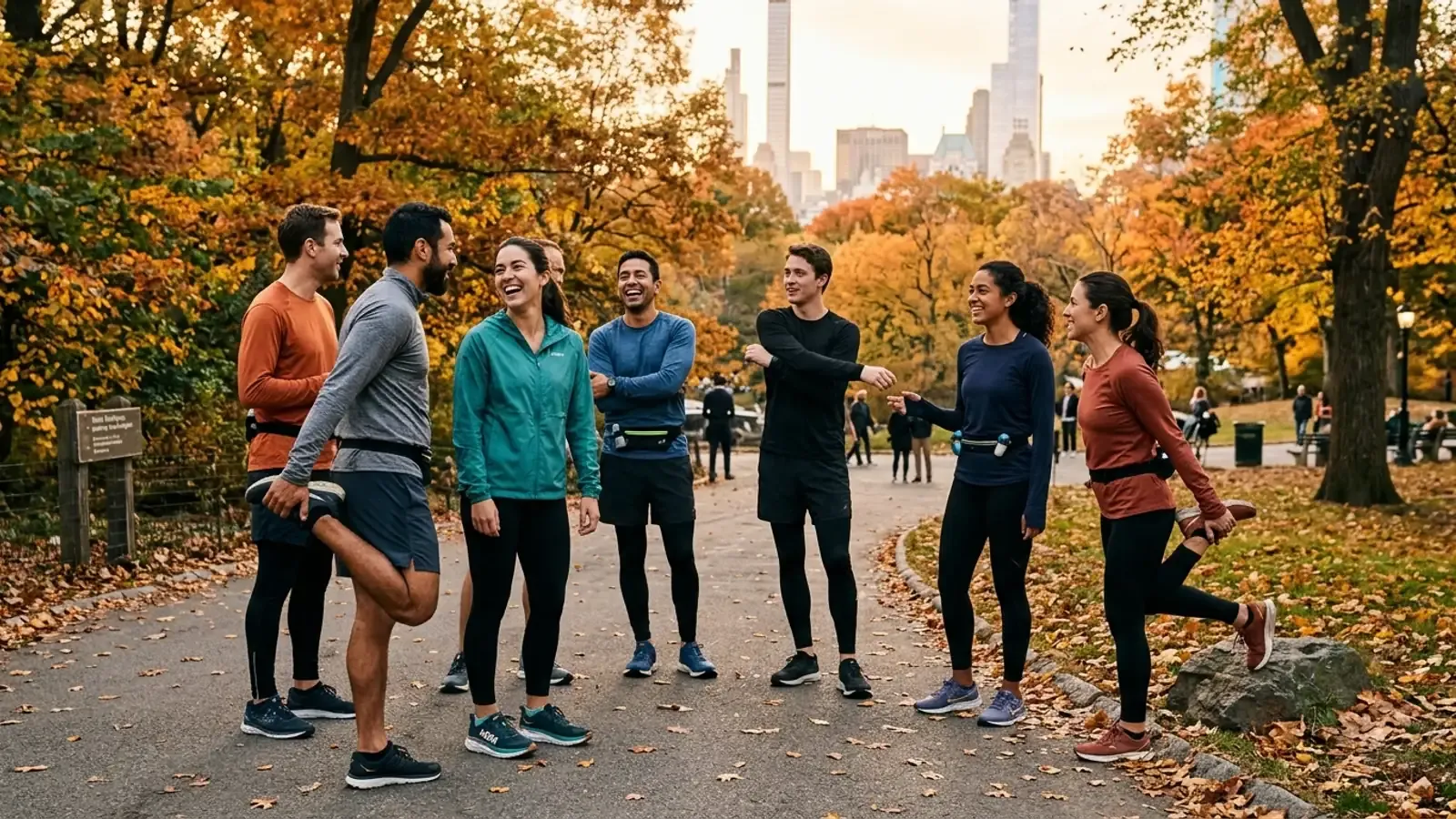 A group of runners chatting and stretching before a morning group run in Central Park, New York City, with fall leaves and the skyline behind them