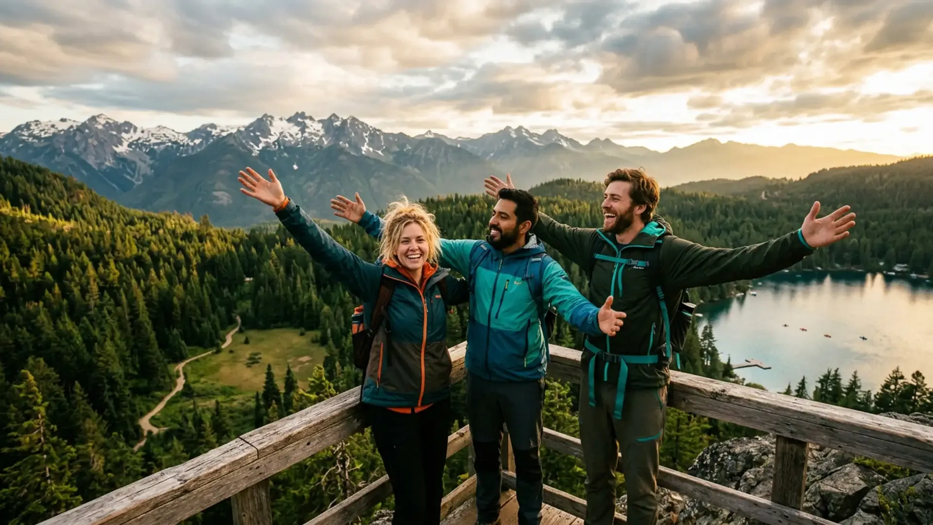 Three friends with arms outstretched at a Pacific Northwest overlook with mountains lake and forest below