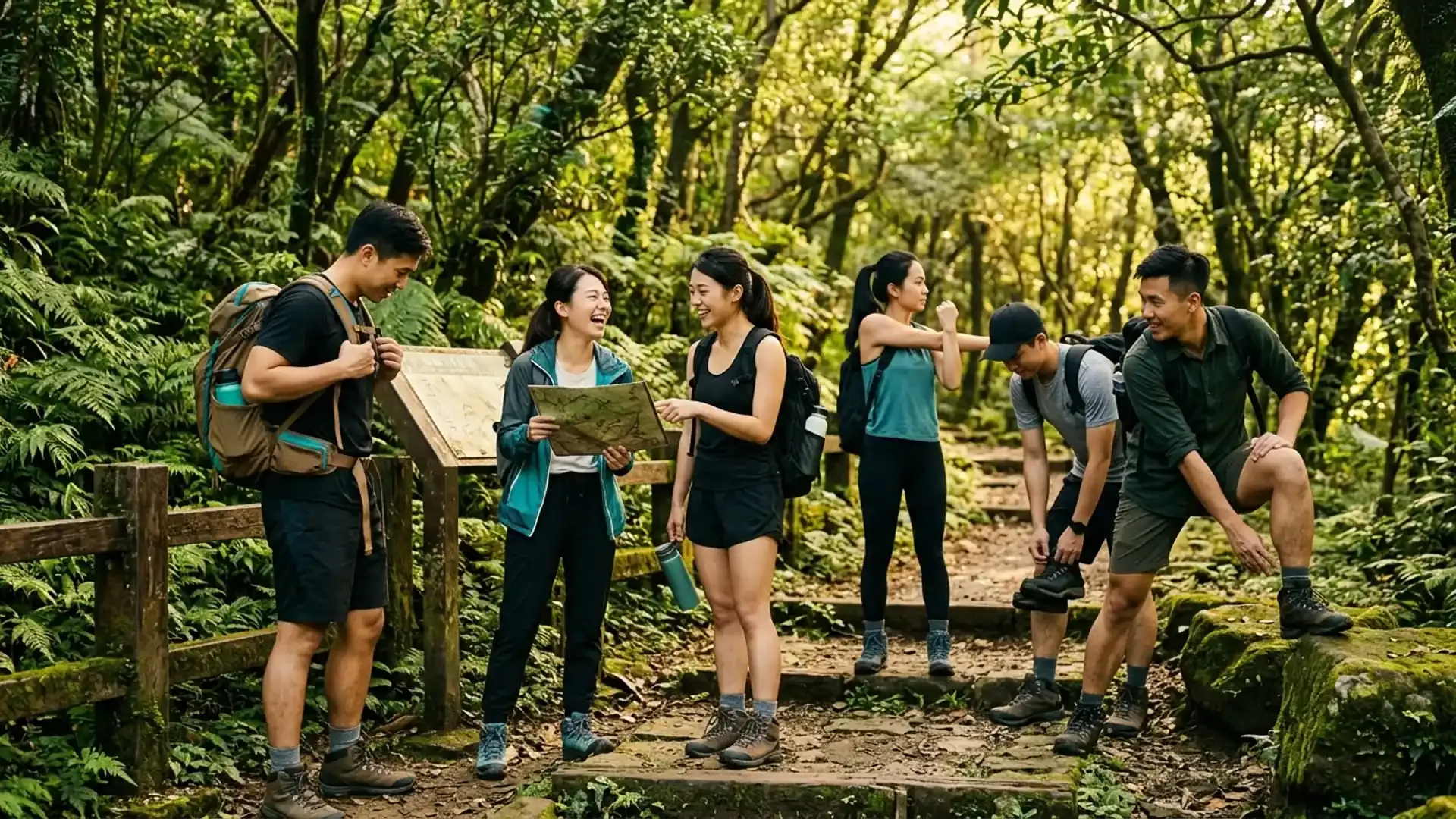 一群年輕朋友在陽明山步道口準備揪團健行,查看地圖討論路線