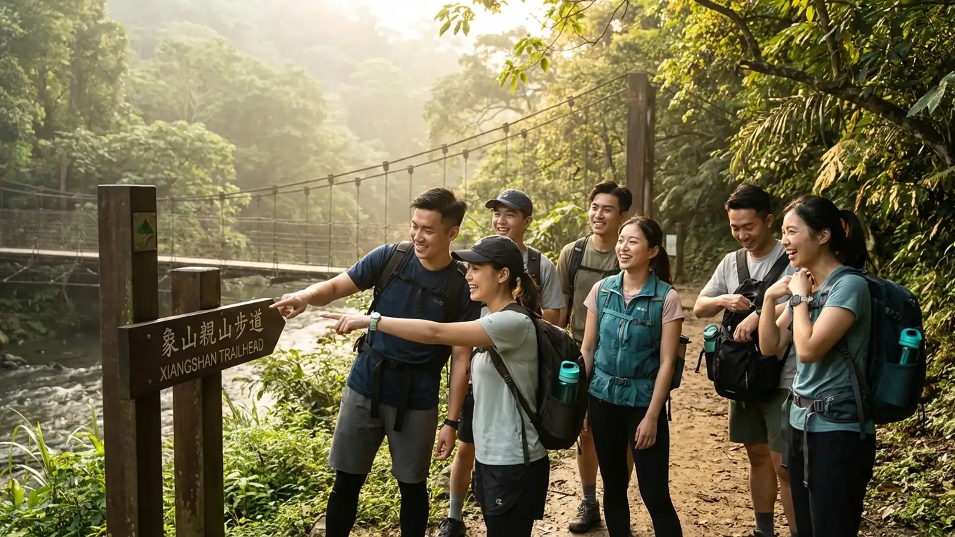 一群年輕亞洲朋友在台灣步道口準備出發健行,興奮指向步道標示
