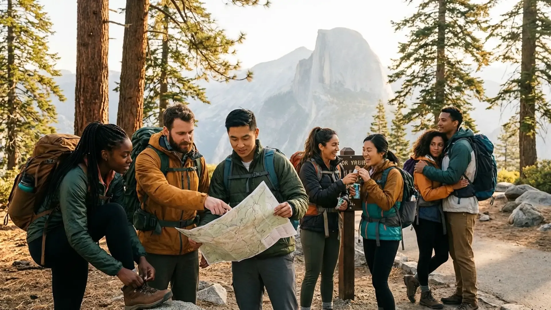 Diverse group of friends studying a trail map at Yosemite trailhead with Half Dome in background
