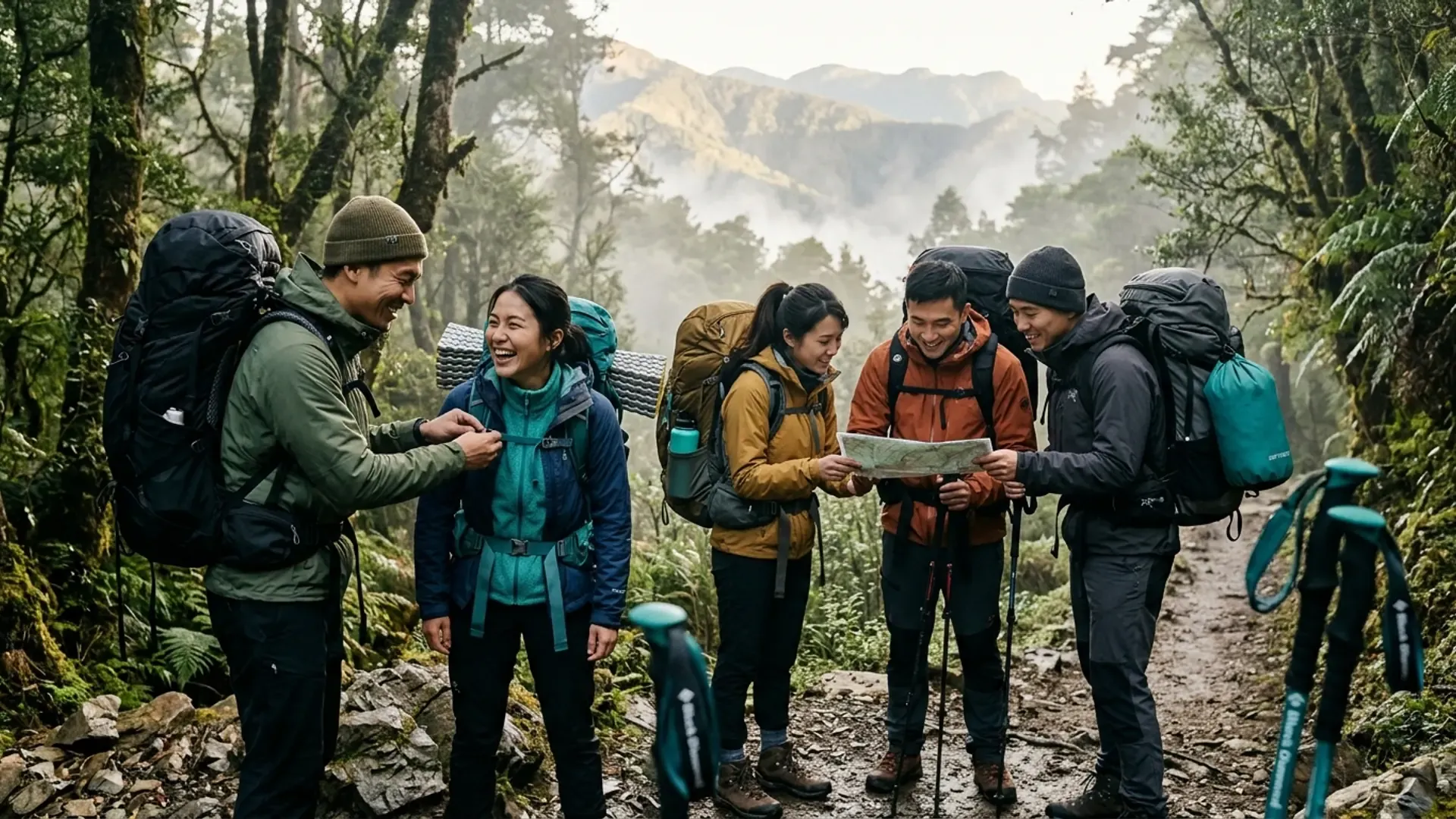 一群東亞山友清晨在台灣山徑登山口準備多日縱走出發,背著大型登山背包、看著地圖、笑著互相確認裝備