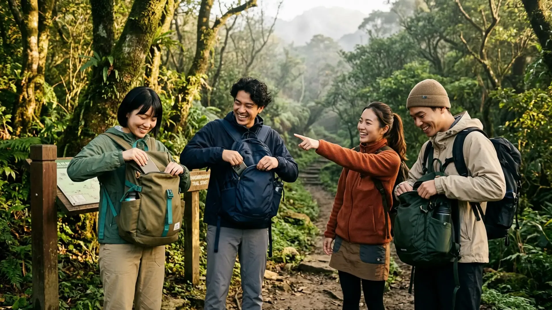 四位年輕朋友在陽明山步道入口收起手機、準備出發健行,選擇真實連結取代滑手機