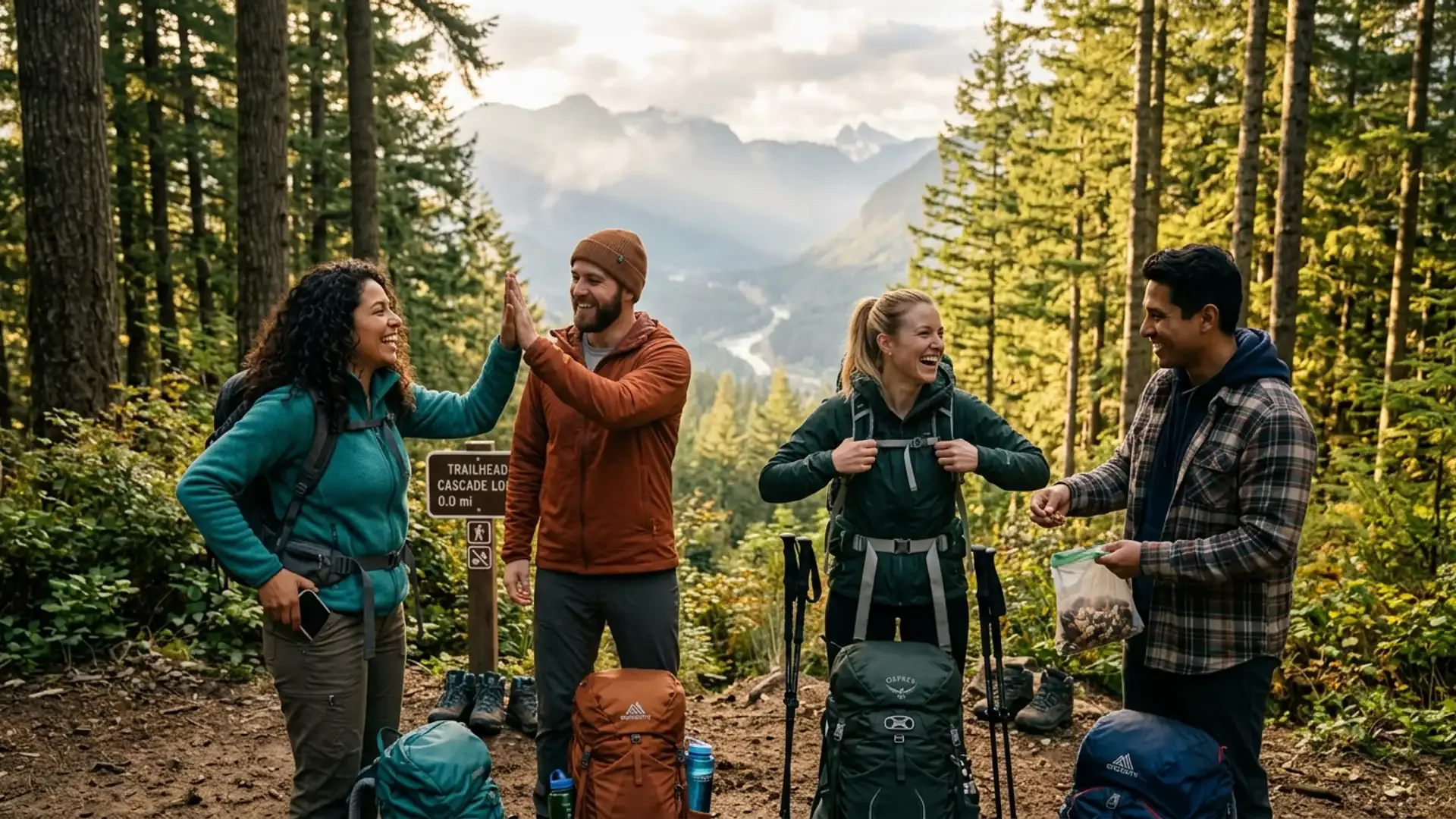 Diverse group of friends high-fiving at a Pacific Northwest trailhead, choosing outdoor adventure over phone scrolling