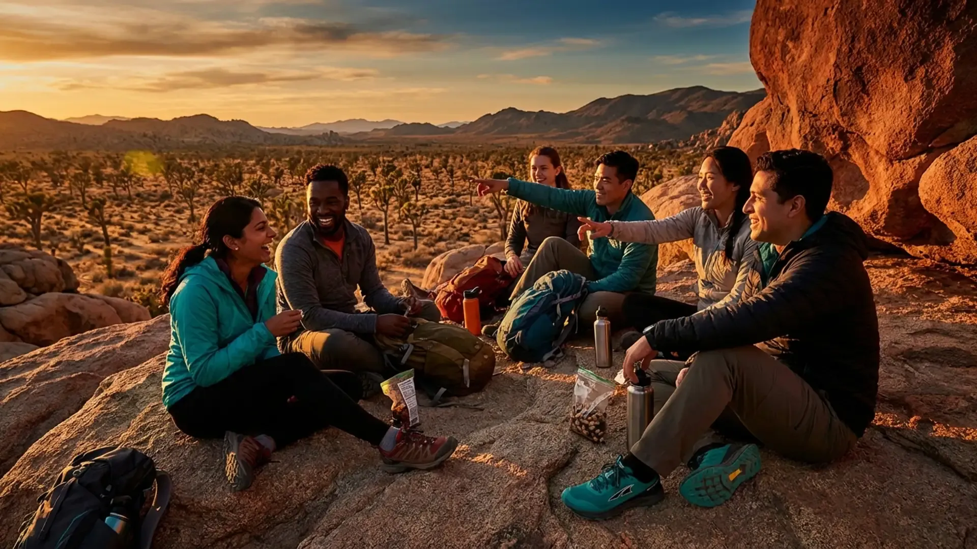 Diverse group of friends having a deep conversation on desert rocks after hiking in Joshua Tree