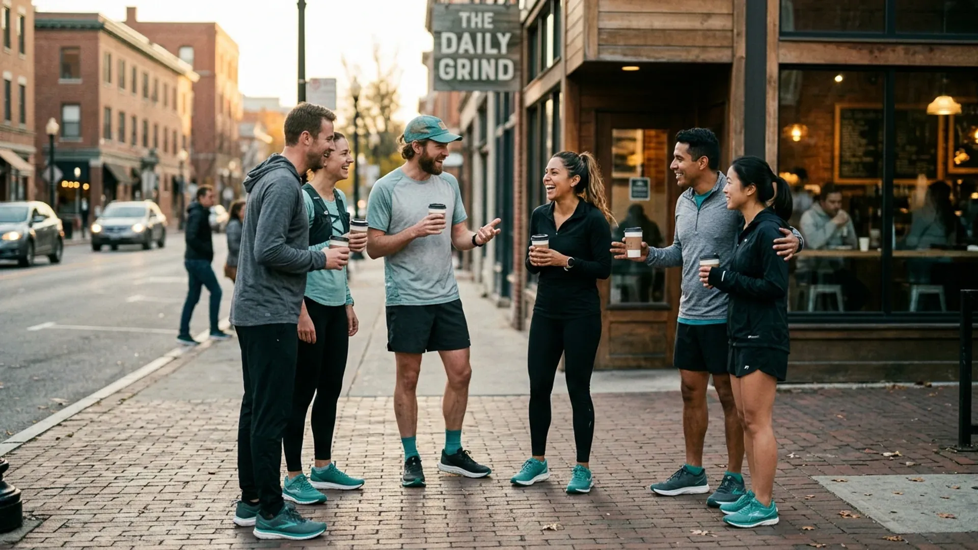 Six runners in running clothes standing outside a neighborhood coffee shop after a morning group run, holding coffee cups and talking on a city sidewalk