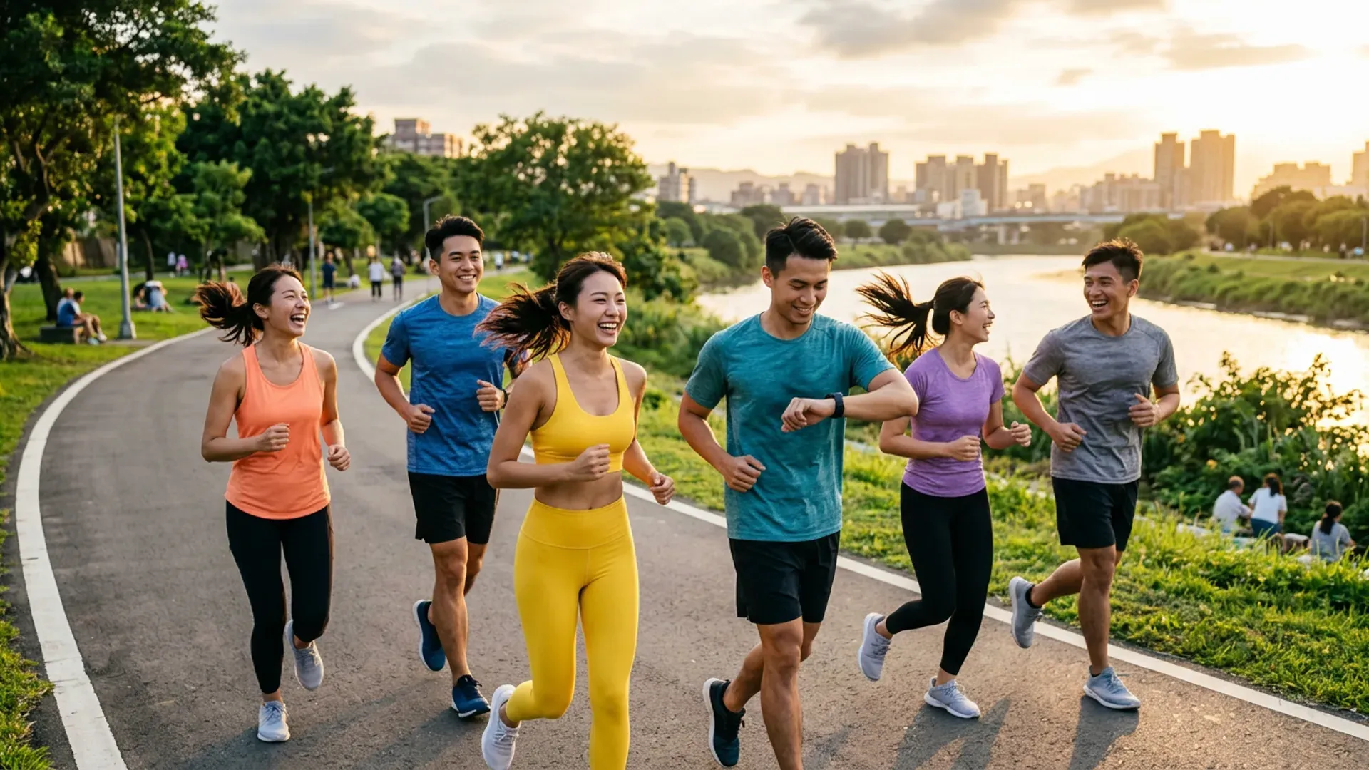 一群年輕跑者在台北河濱步道夕陽下並肩慢跑,邊跑邊笑的社交氛圍