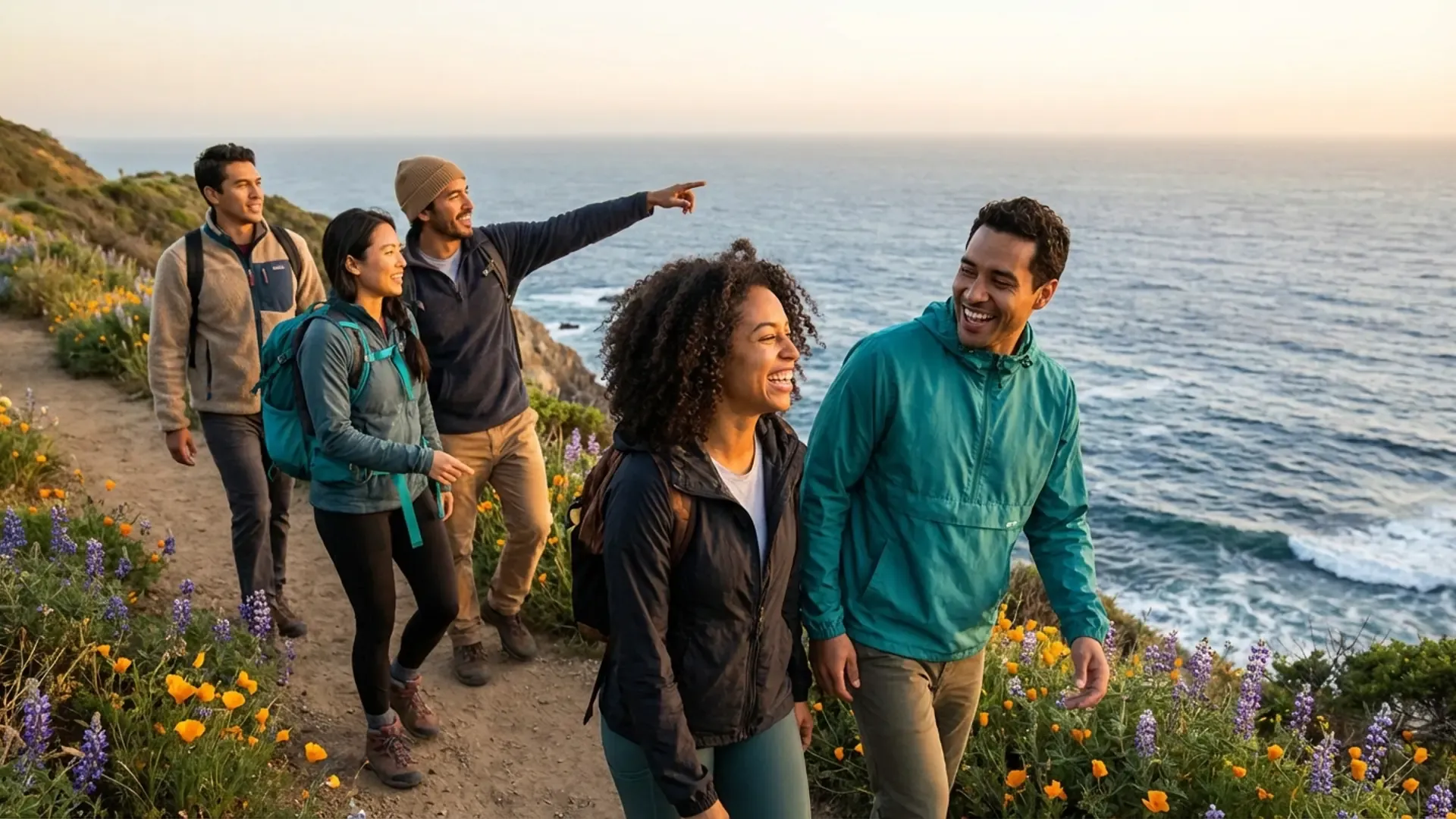 Diverse group of five friends walking on a scenic coastal trail in California during golden hour, laughing and pointing at the ocean view
