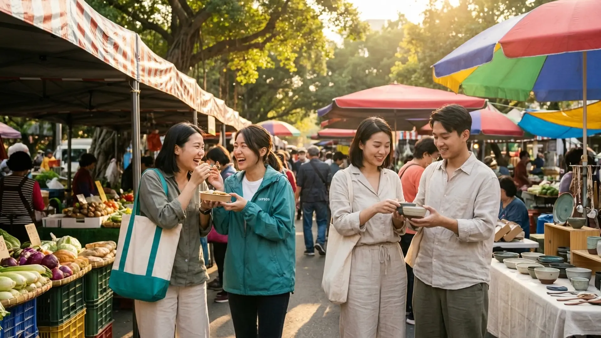 四位年輕亞洲朋友在台北假日市集散步,品嚐美食開心大笑,陽光灑在市集帳篷上