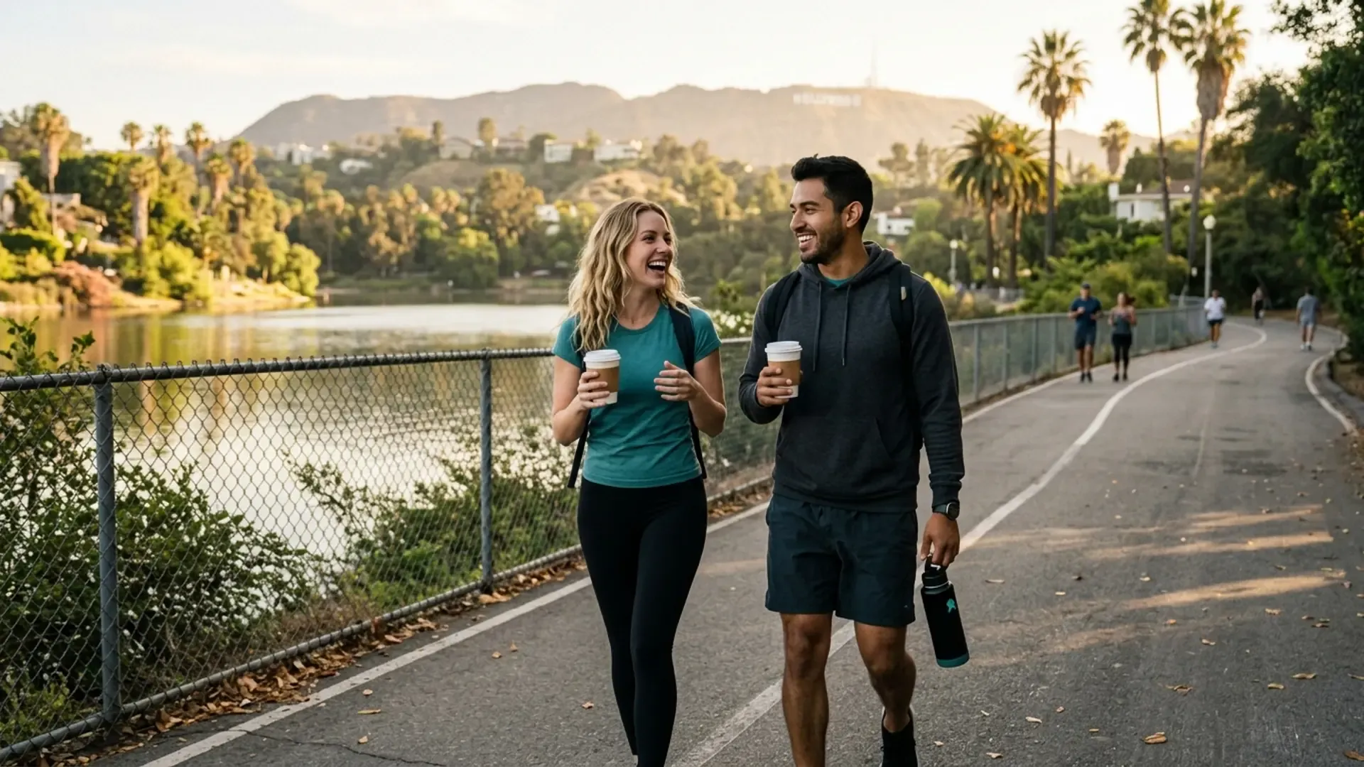 Couple walking along Silver Lake Reservoir in Los Angeles at golden morning hour, each holding a to-go coffee cup, sober date in LA