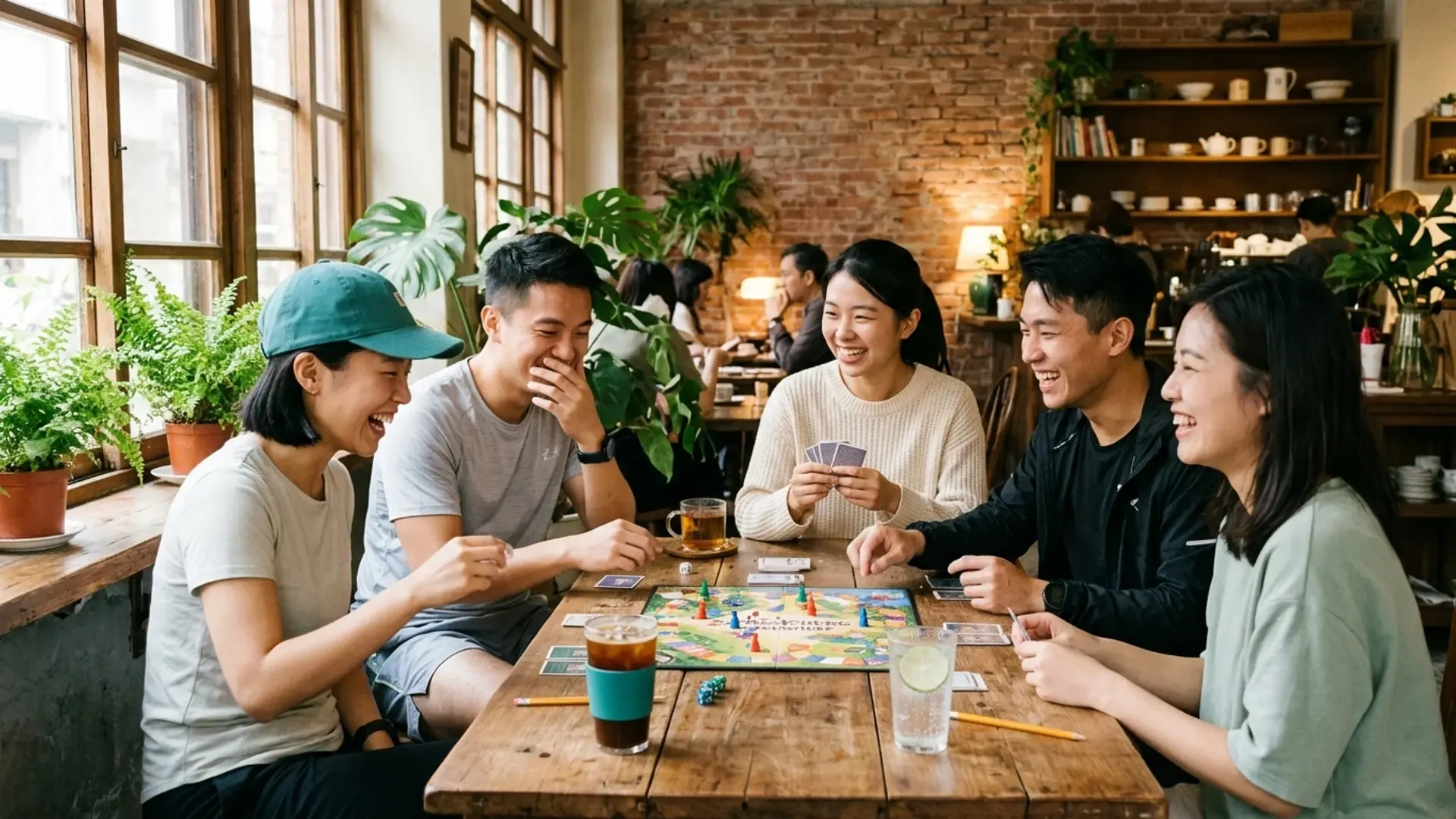 五個年輕朋友在台北大稻埕老屋咖啡店圍著木桌玩桌遊大笑,桌上是冰咖啡、熱茶和氣泡水,不靠喝酒的清醒社交